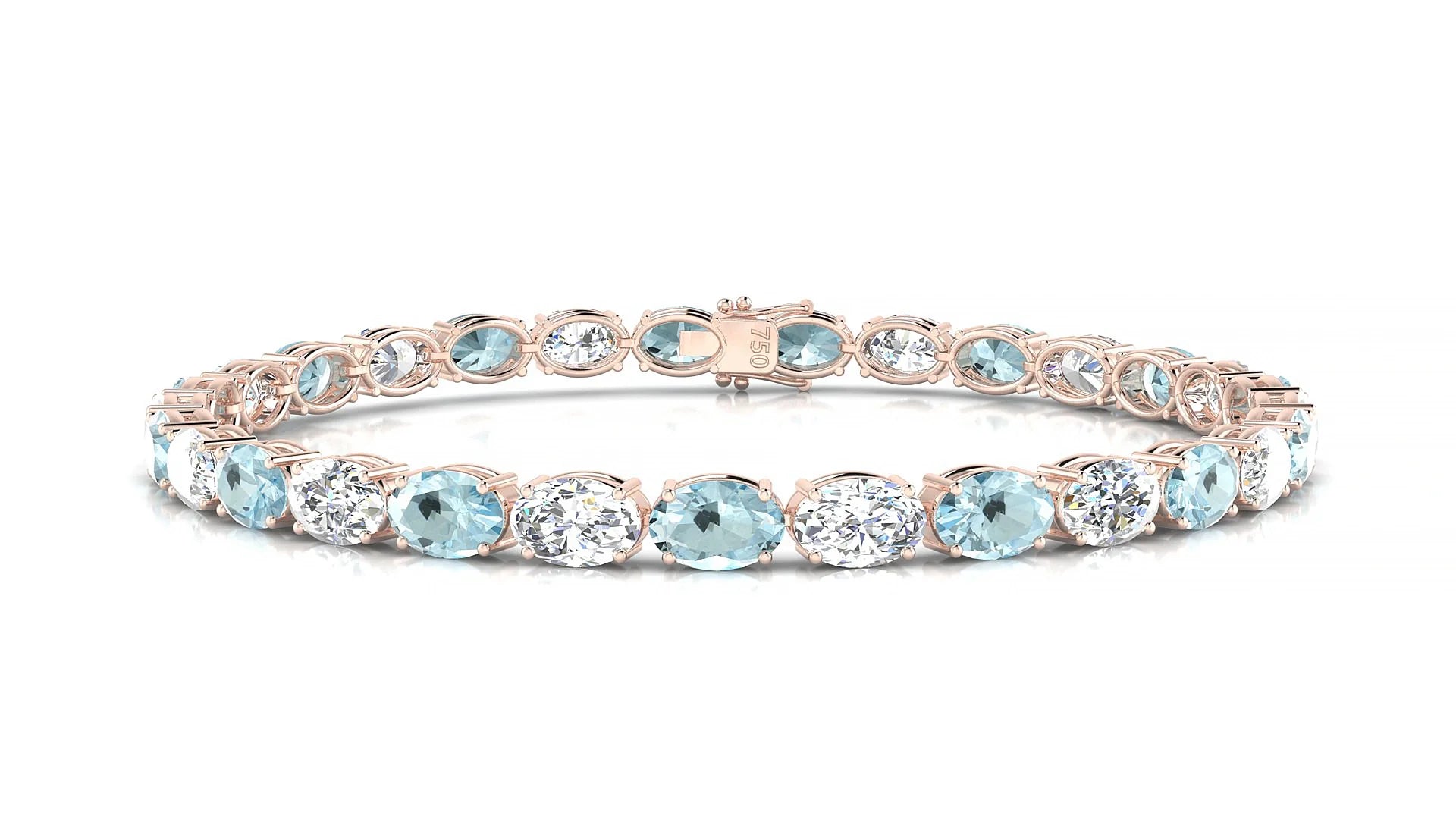 Pula 1-1 | 18k Rose Gold 6 x 4 mm Oval Natural Aquamarine & Diamond 18 cm Tennis Bracelet