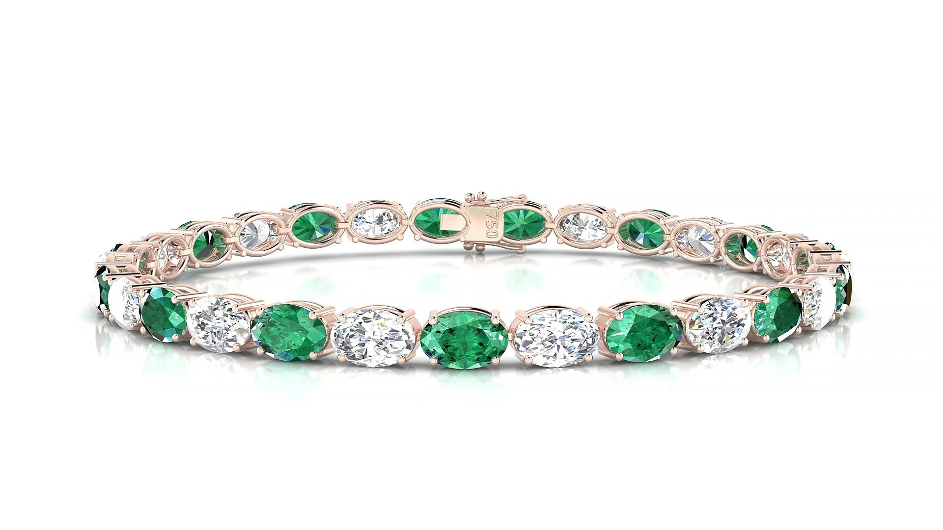 Pula 1-1 | 18k Rose Gold 6 x 4 mm Oval Natural Emerald & Diamond 18 cm Tennis Bracelet