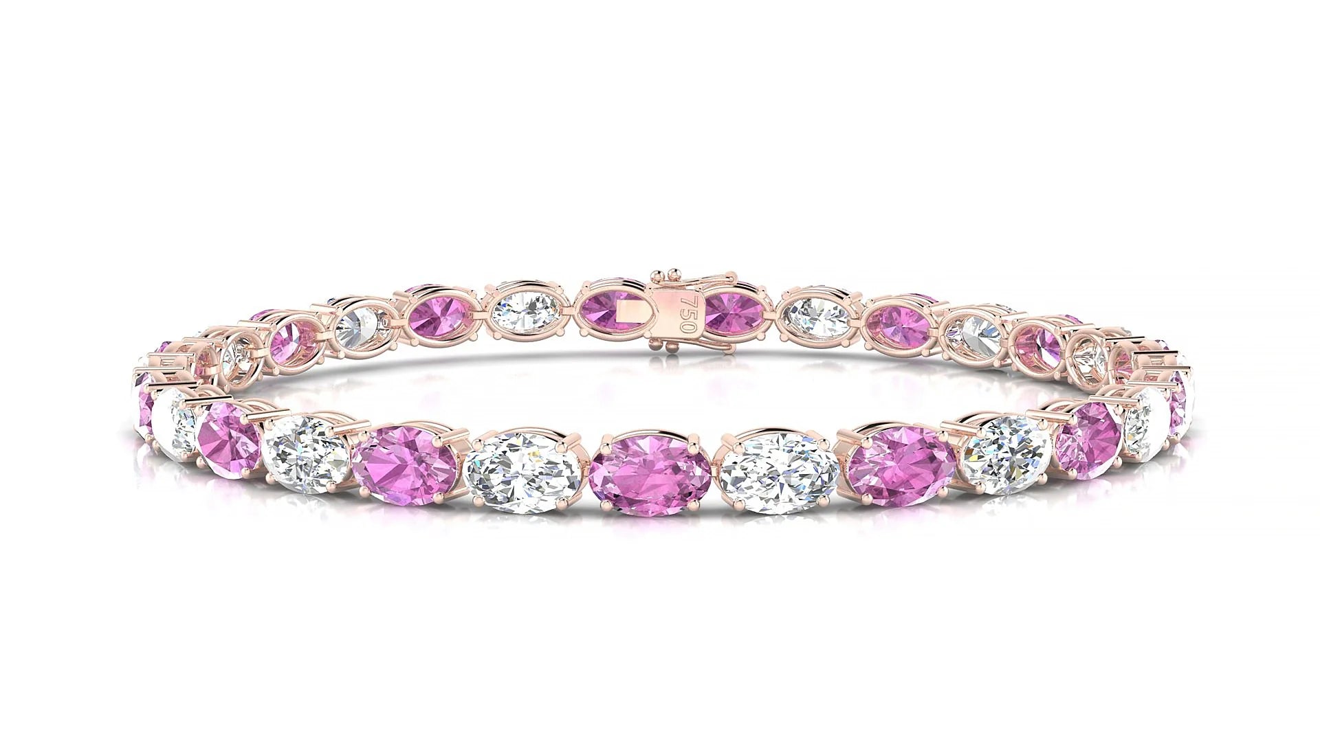 Pula 1-1 | 18k Rose Gold 6 x 4 mm Oval Natural Pink Sapphire & Diamond 18 cm Tennis Bracelet