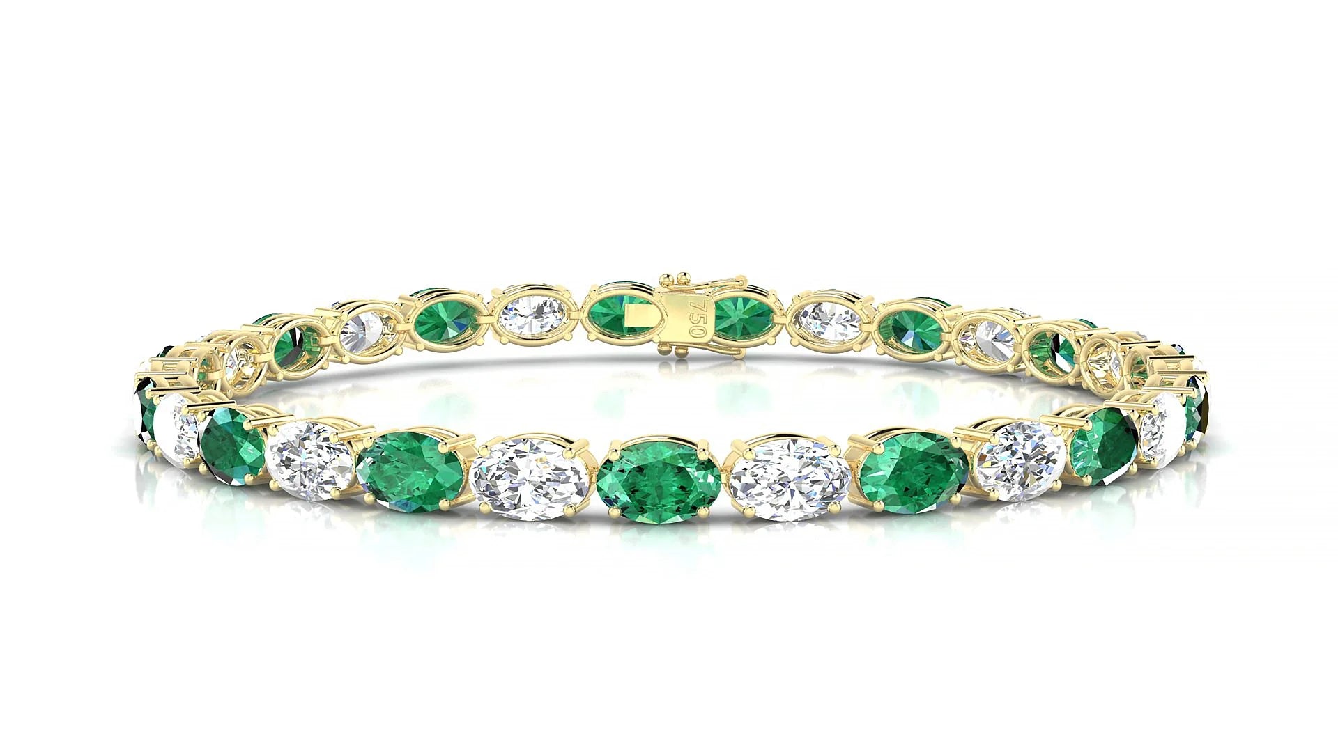 Pula 1-1 | 18k Yellow Gold 6 x 4 mm Oval Natural Emerald & Diamond 18 cm Tennis Bracelet