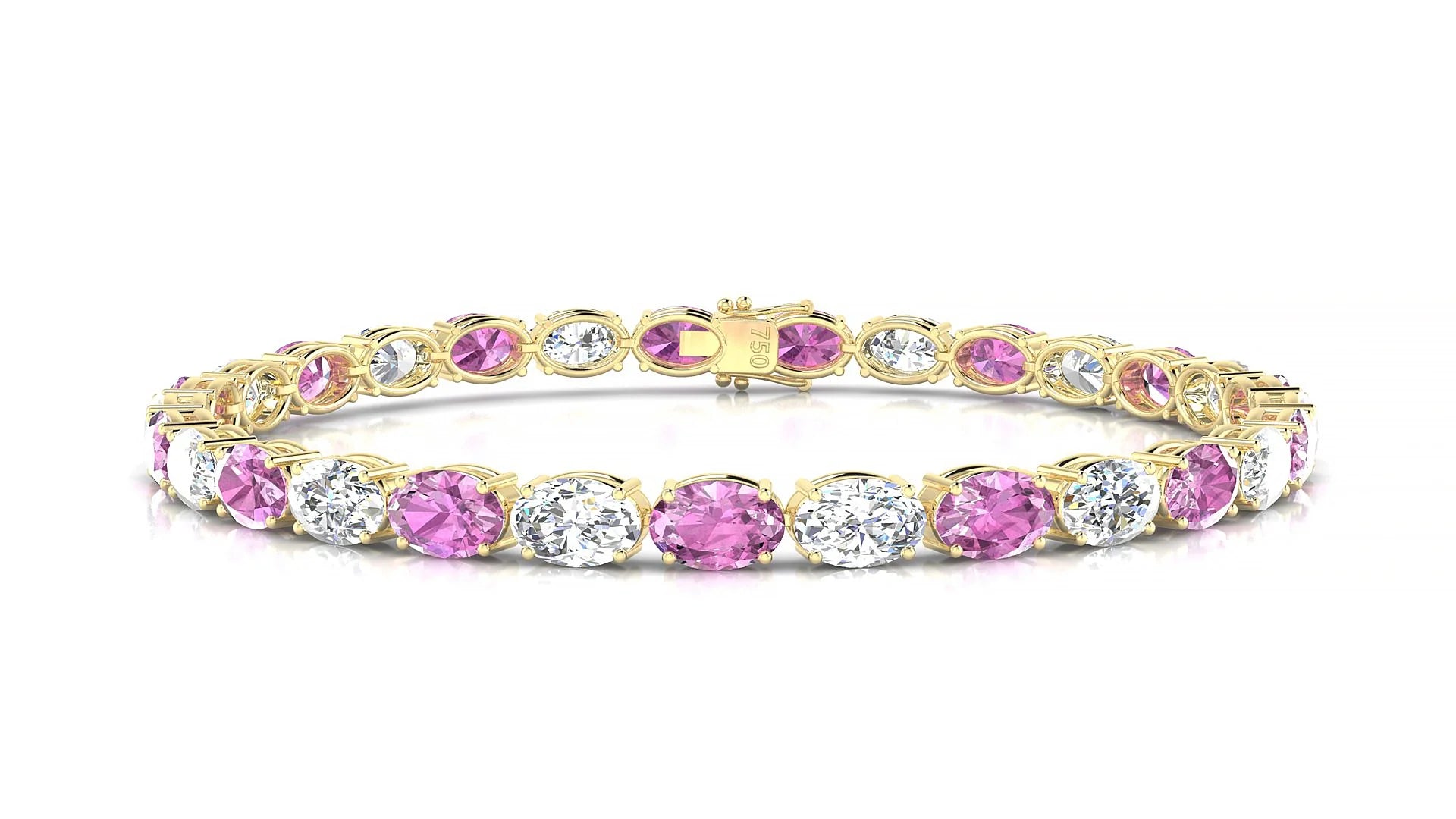 Pula 1-1 | 18k Yellow Gold 6 x 4 mm Oval Natural Pink Sapphire & Diamond 18 cm Tennis Bracelet