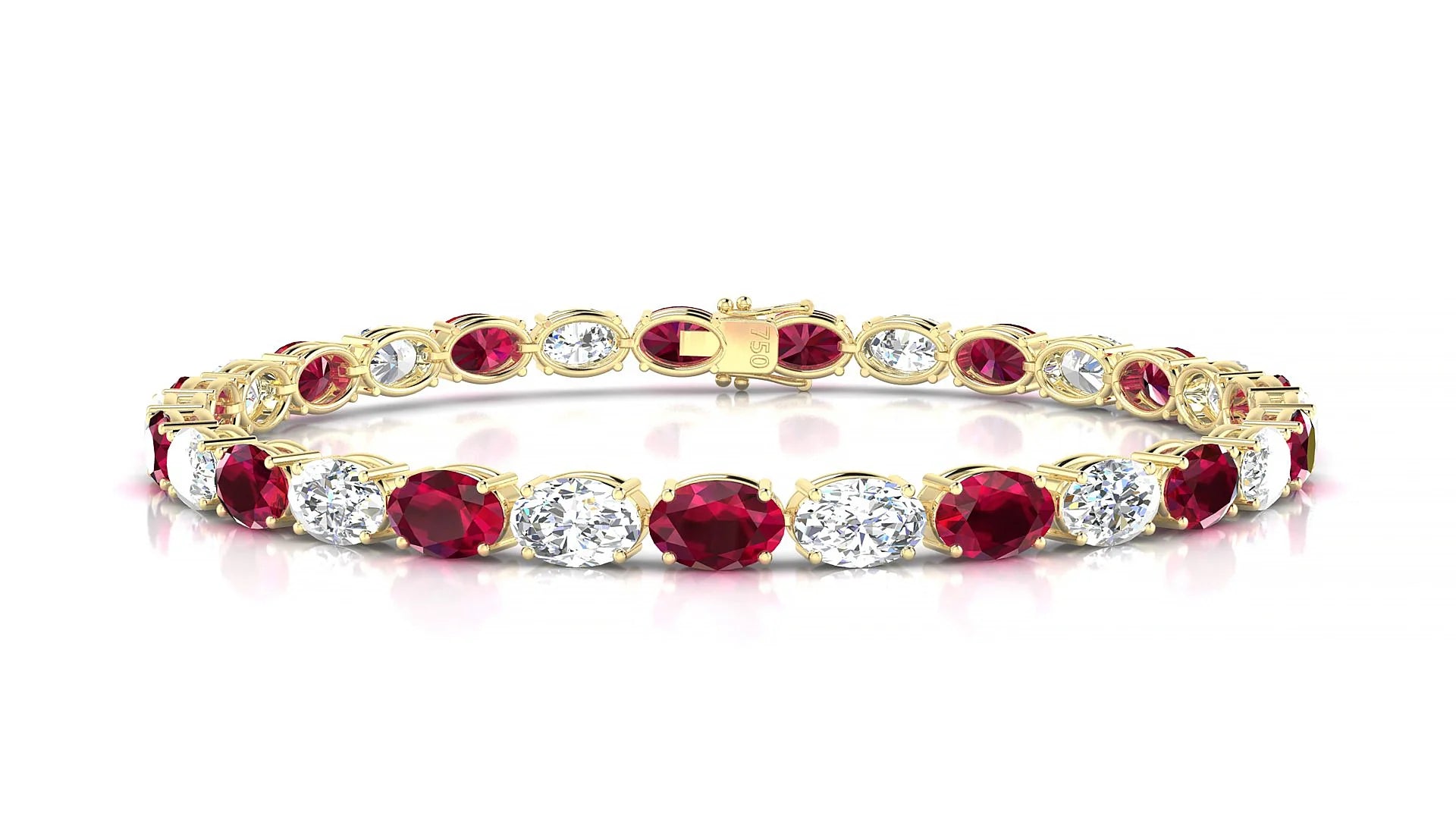 Pula 1-1 | 18k Yellow Gold 6 x 4 mm Oval Natural Ruby & Diamond 18 cm Tennis Bracelet