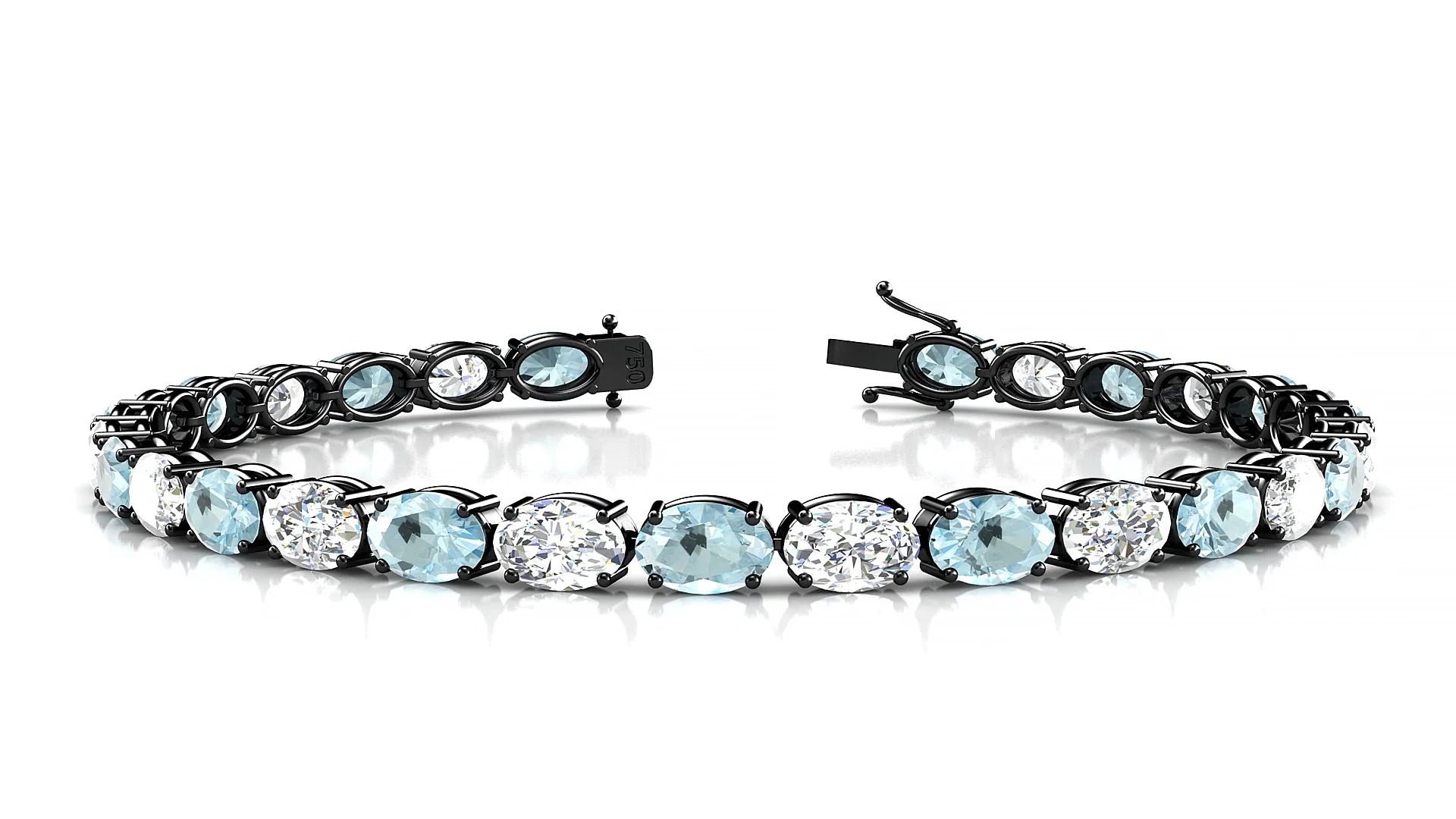 Pula 1-1 | 18k Black Gold 6 x 4 mm Oval Natural Aquamarine & Diamond 18 cm Tennis Bracelet