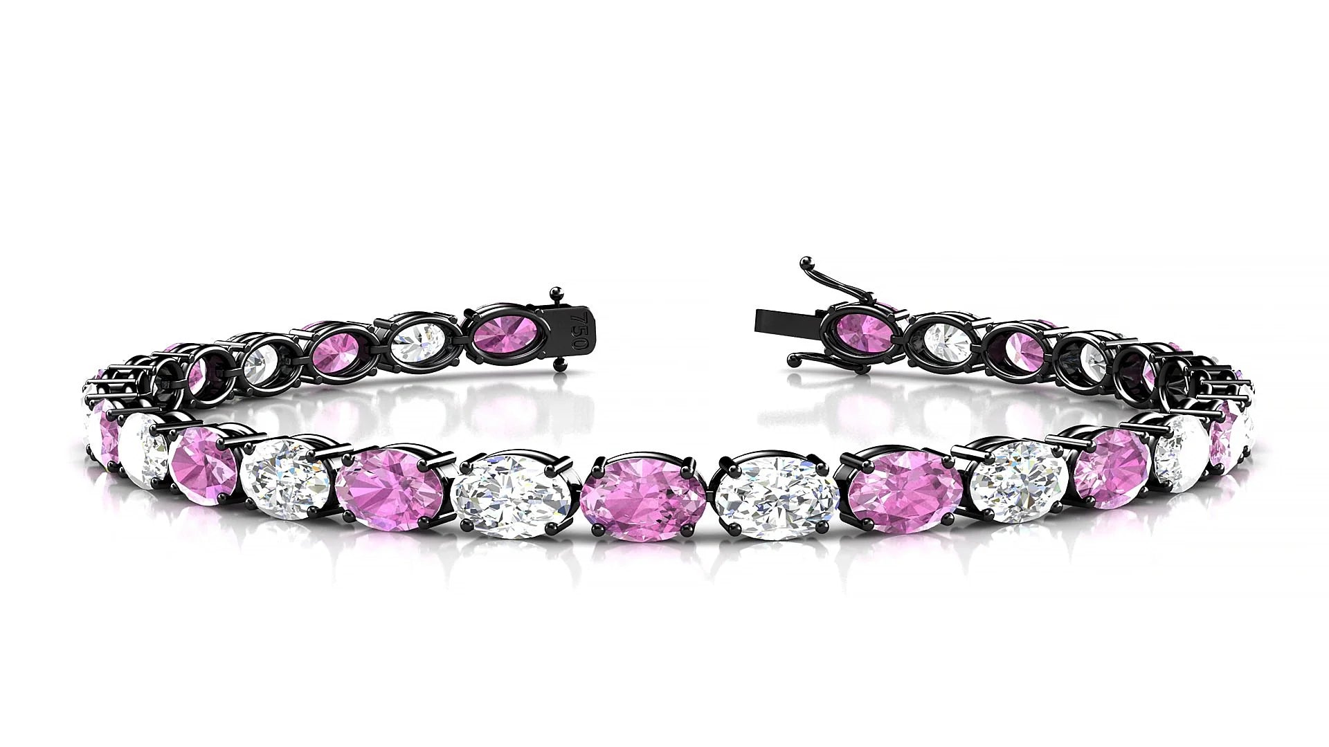 Pula 1-1 | 18k Black Gold 6 x 4 mm Oval Natural Pink Sapphire & Diamond 18 cm Tennis Bracelet