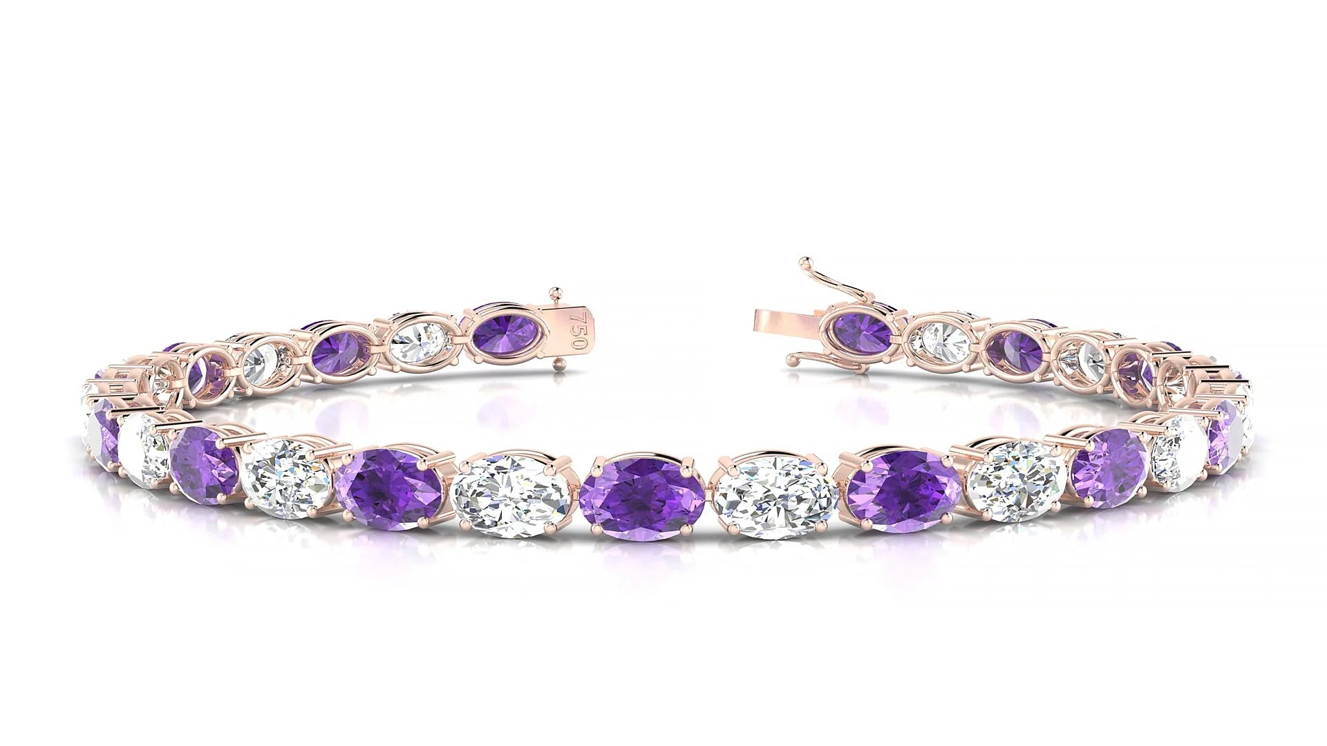 Pula 1-1 | 18k Rose Gold 6 x 4 mm Oval Natural Amethyst & Diamond 18 cm Tennis Bracelet