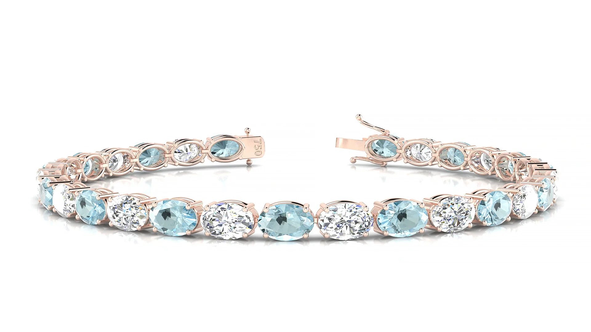Pula 1-1 | 18k Rose Gold 6 x 4 mm Oval Natural Aquamarine & Diamond 18 cm Tennis Bracelet