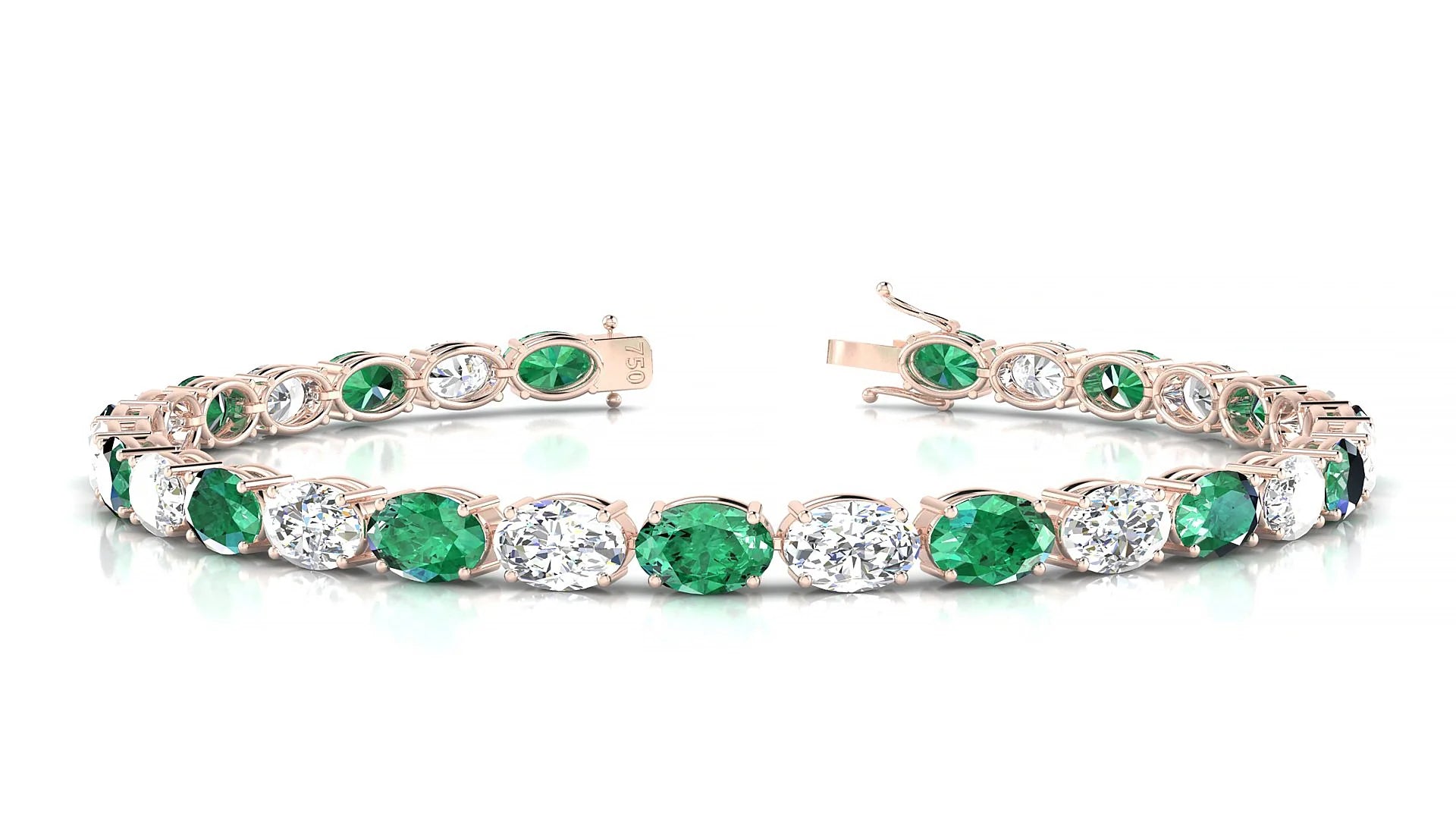 Pula 1-1 | 18k Rose Gold 6 x 4 mm Oval Natural Emerald & Diamond 18 cm Tennis Bracelet