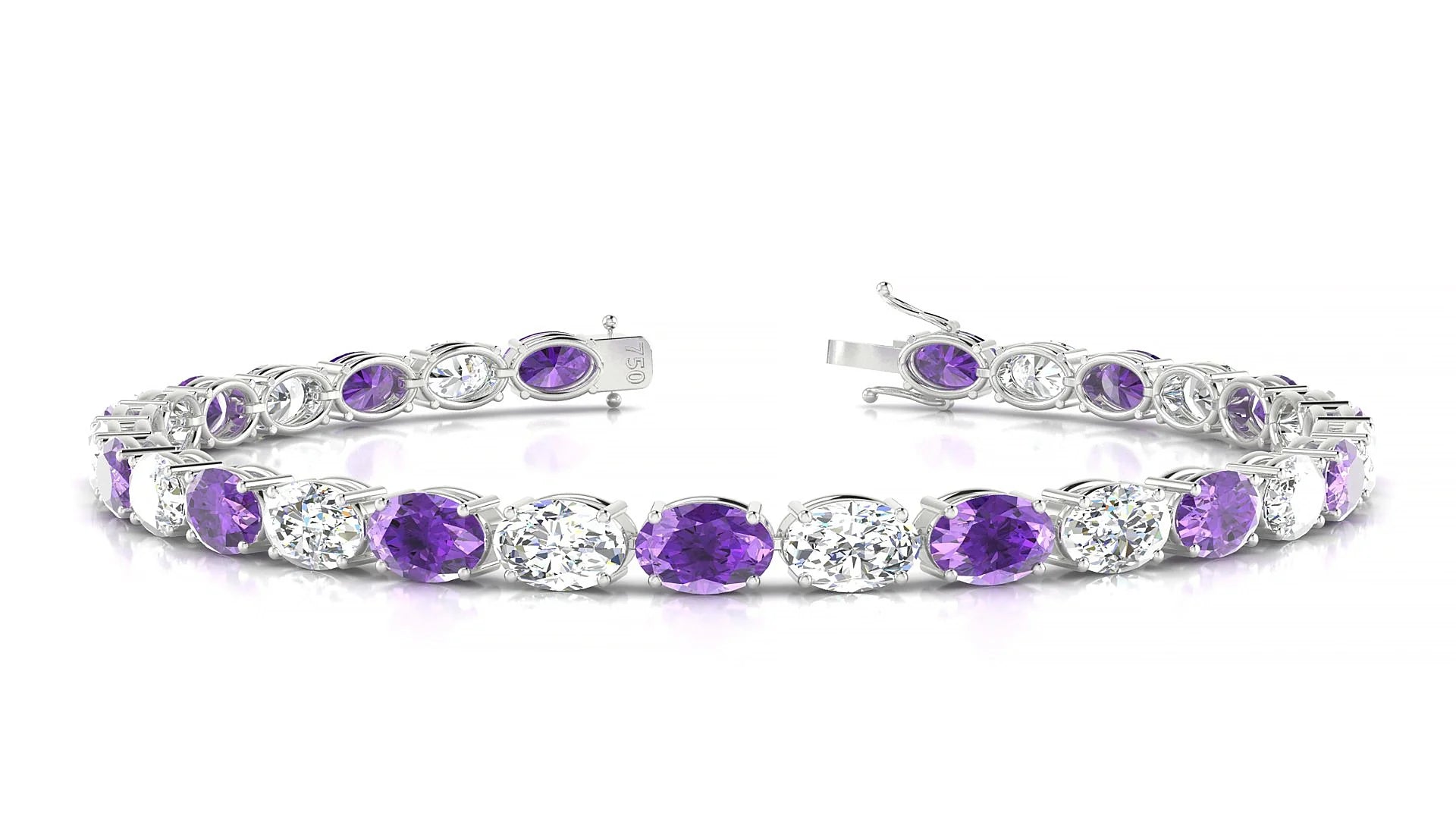Pula 1-1 | 18k White Gold 6 x 4 mm Oval Natural Amethyst & Diamond 18 cm Tennis Bracelet