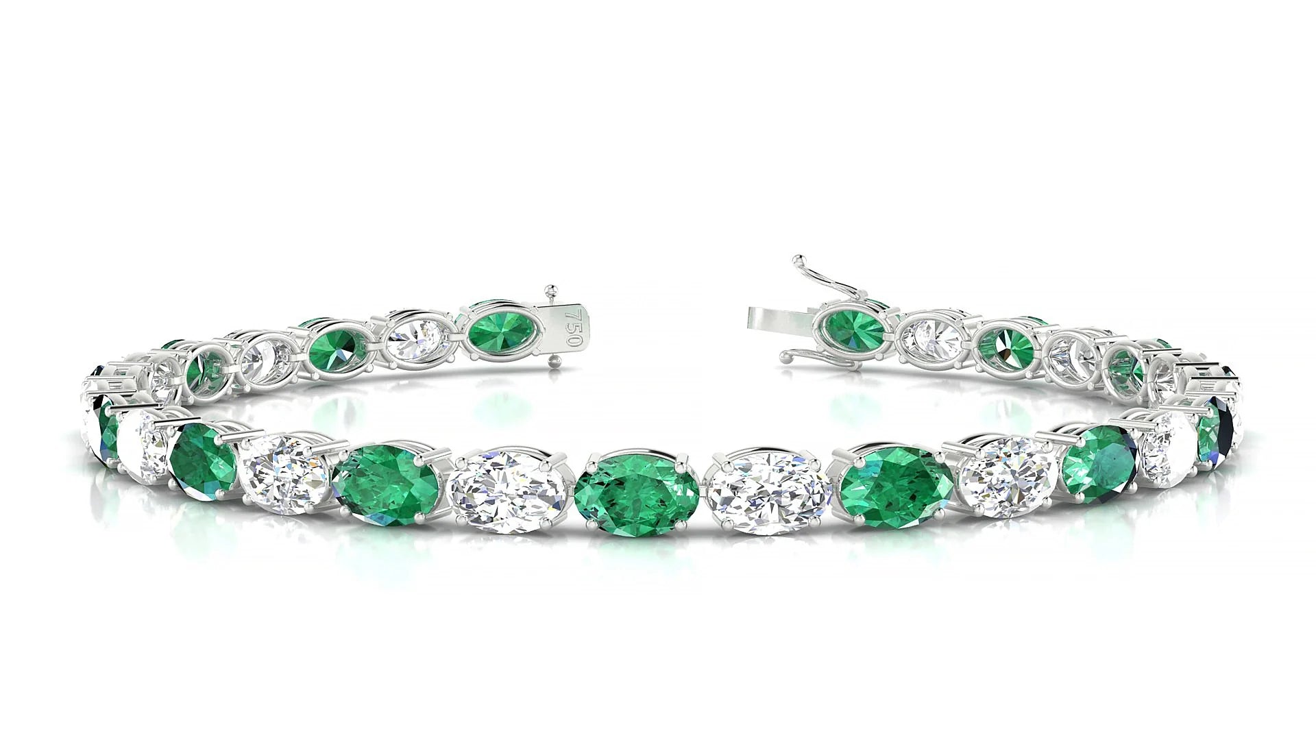 Pula 1-1 | 18k White Gold 6 x 4 mm Oval Natural Emerald & Diamond 18 cm Tennis Bracelet