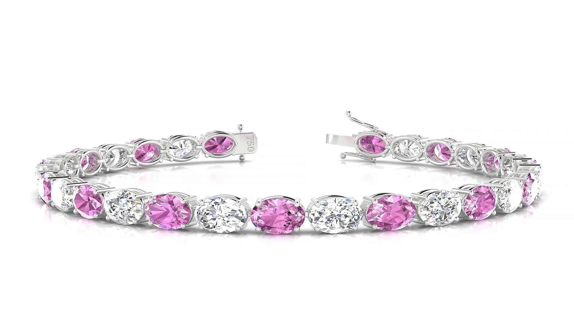 Pula 1-1 | 18k White Gold 6 x 4 mm Oval Natural Pink Sapphire & Diamond 18 cm Tennis Bracelet