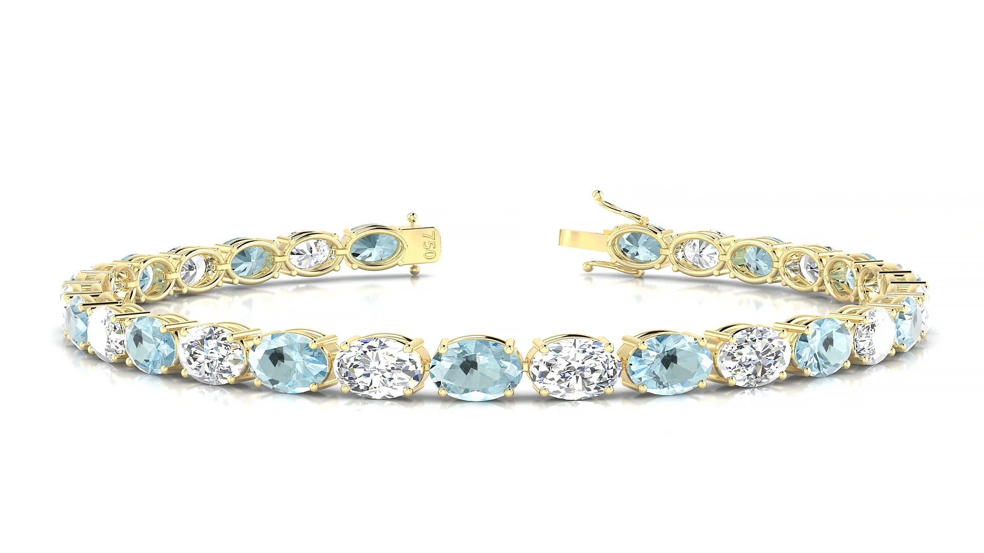 Pula 1-1 | 18k Yellow Gold 6 x 4 mm Oval Natural Aquamarine & Diamond 18 cm Tennis Bracelet