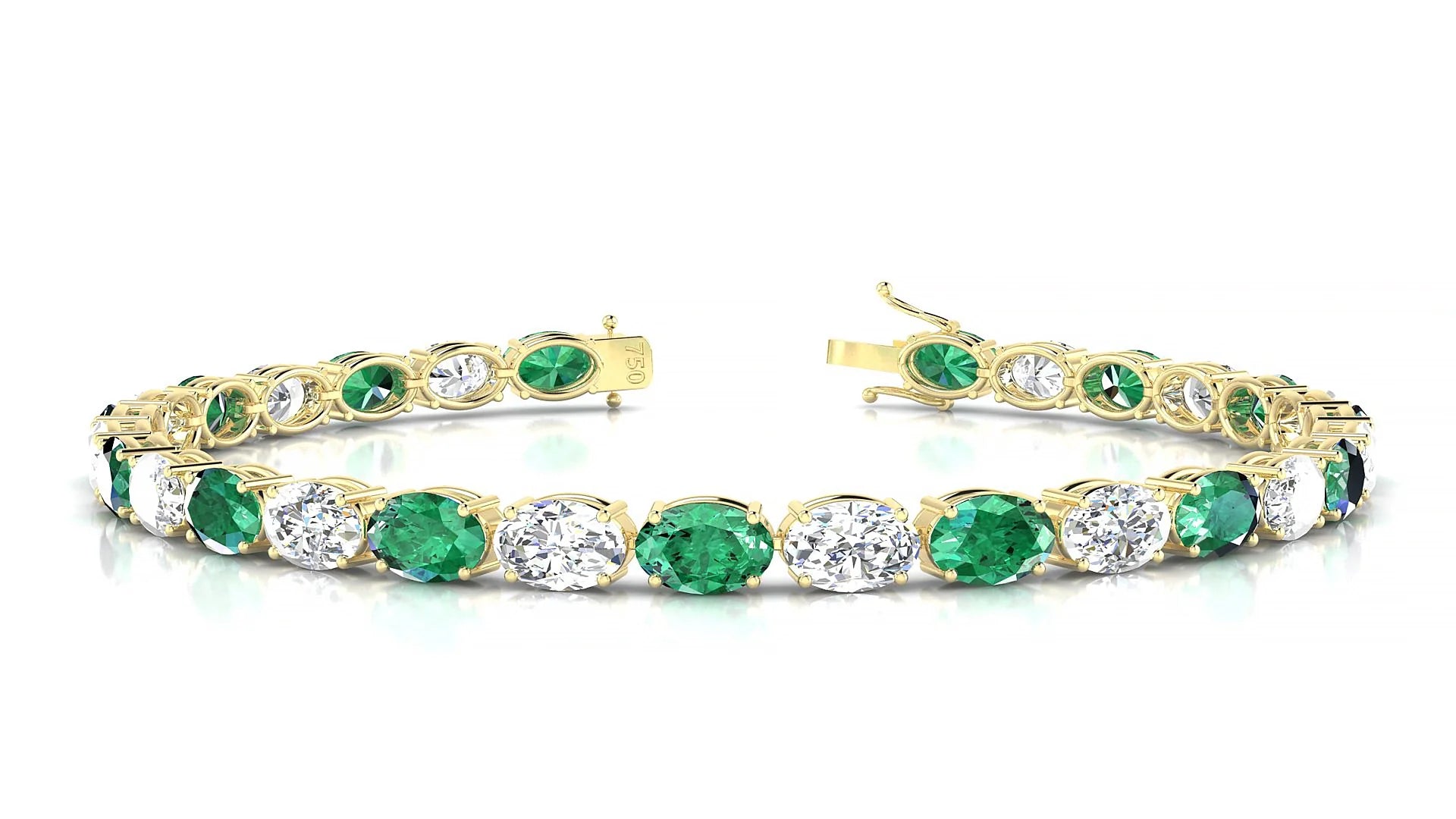 Pula 1-1 | 18k Yellow Gold 6 x 4 mm Oval Natural Emerald & Diamond 18 cm Tennis Bracelet