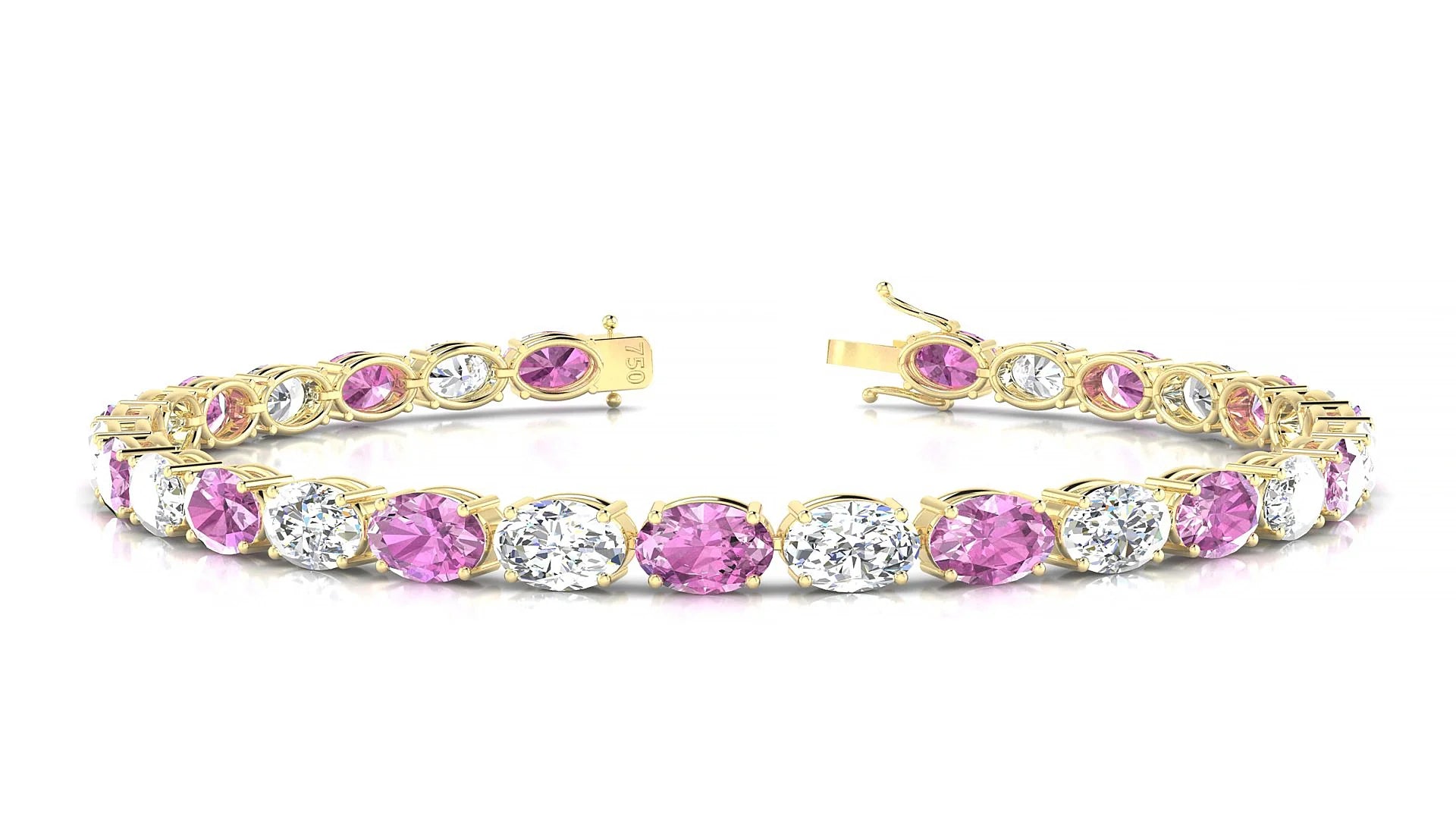 Pula 1-1 | 18k Yellow Gold 6 x 4 mm Oval Natural Pink Sapphire & Diamond 18 cm Tennis Bracelet