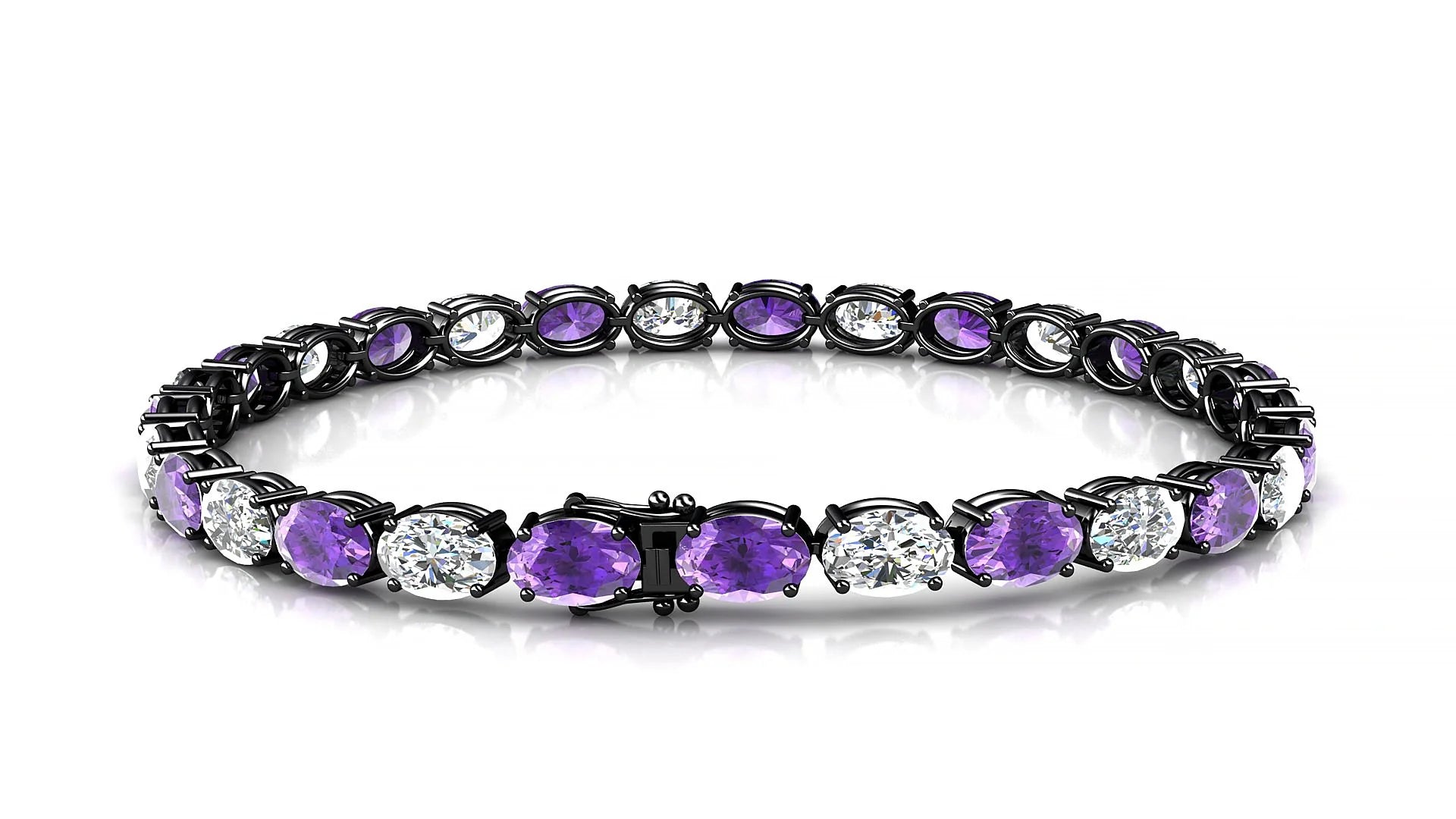 Pula 1-1 | 18k Black Gold 6 x 4 mm Oval Natural Amethyst & Diamond 18 cm Tennis Bracelet