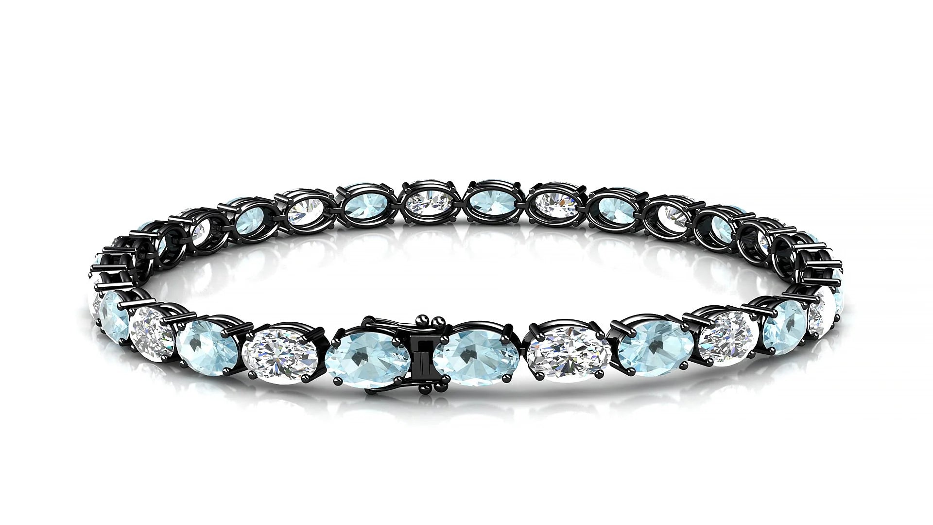 Pula 1-1 | 18k Black Gold 6 x 4 mm Oval Natural Aquamarine & Diamond 18 cm Tennis Bracelet