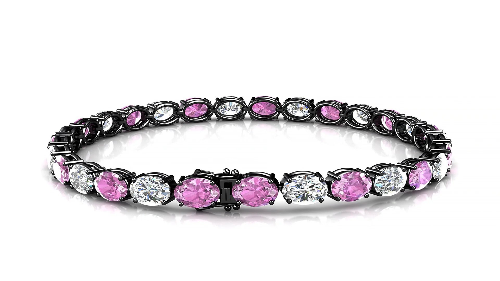 Pula 1-1 | 18k Black Gold 6 x 4 mm Oval Natural Pink Sapphire & Diamond 18 cm Tennis Bracelet