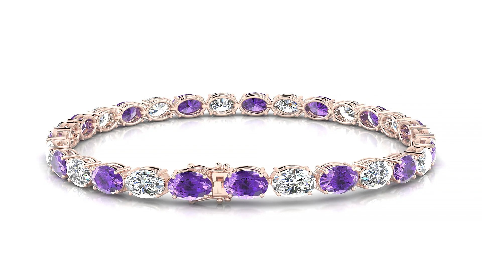 Pula 1-1 | 18k Rose Gold 6 x 4 mm Oval Natural Amethyst & Diamond 18 cm Tennis Bracelet