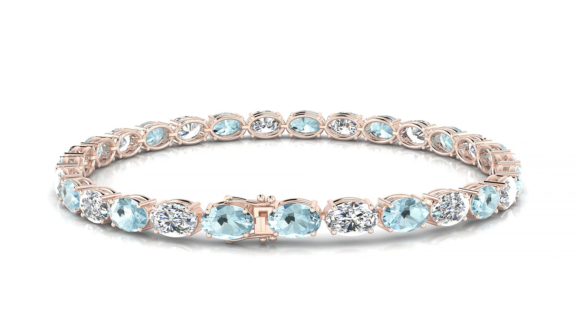 Pula 1-1 | 18k Rose Gold 6 x 4 mm Oval Natural Aquamarine & Diamond 18 cm Tennis Bracelet