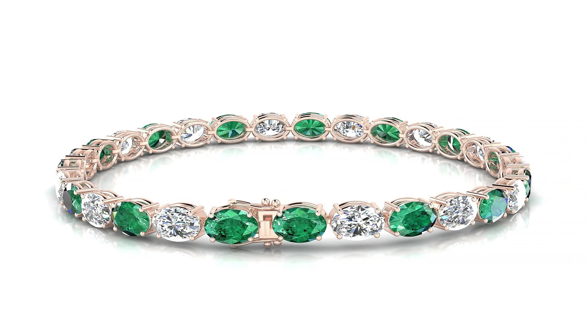 Pula 1-1 | 18k Rose Gold 6 x 4 mm Oval Natural Emerald & Diamond 18 cm Tennis Bracelet