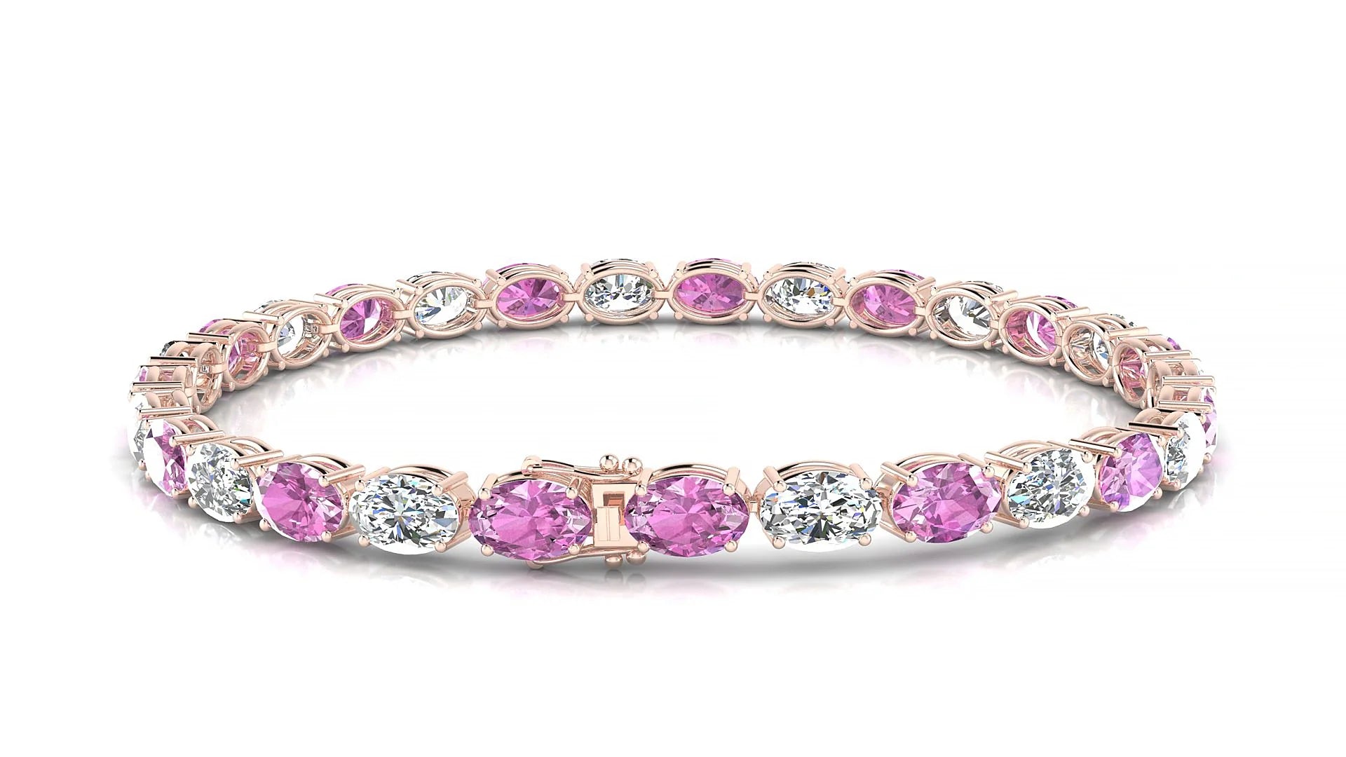 Pula 1-1 | 18k Rose Gold 6 x 4 mm Oval Natural Pink Sapphire & Diamond 18 cm Tennis Bracelet