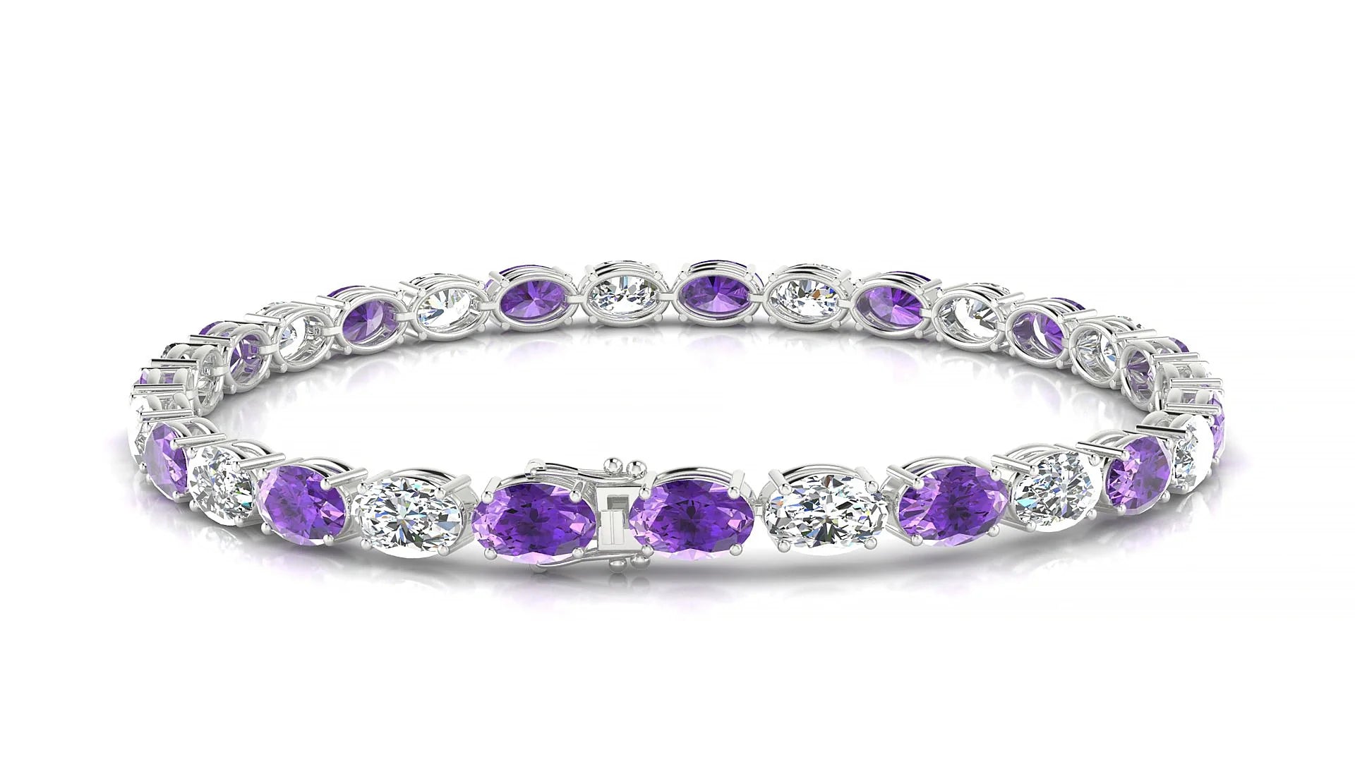 Pula 1-1 | 18k White Gold 6 x 4 mm Oval Natural Amethyst & Diamond 18 cm Tennis Bracelet