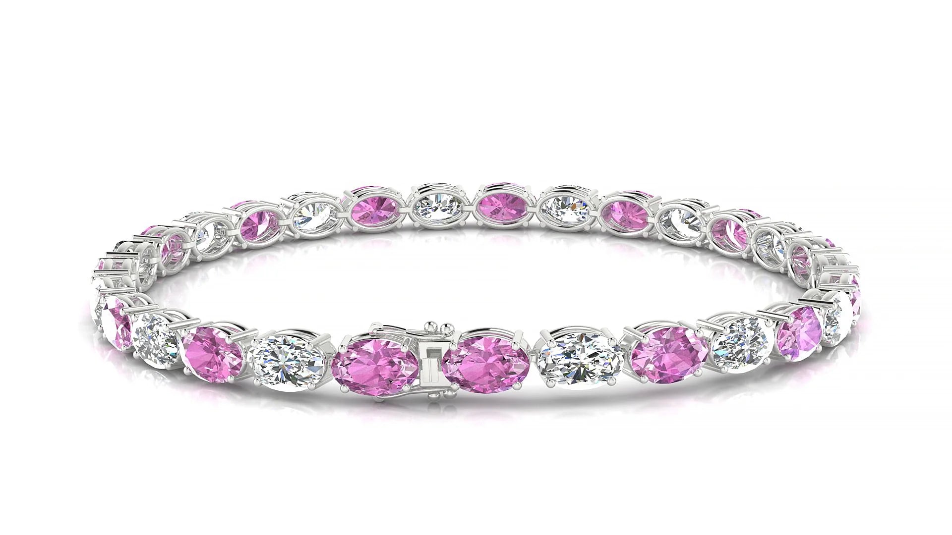 Pula 1-1 | 18k White Gold 6 x 4 mm Oval Natural Pink Sapphire & Diamond 18 cm Tennis Bracelet