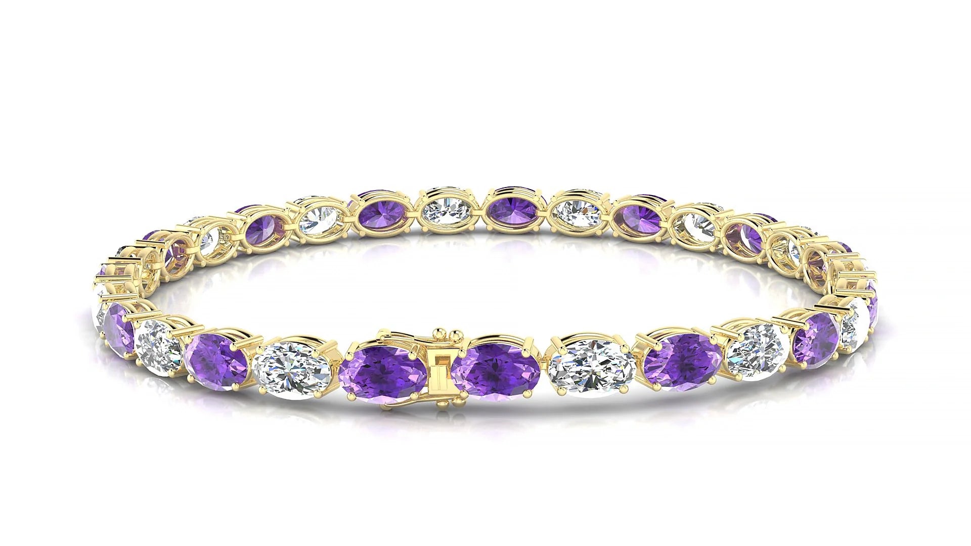 Pula 1-1 | 18k Yellow Gold 6 x 4 mm Oval Natural Amethyst & Diamond 18 cm Tennis Bracelet
