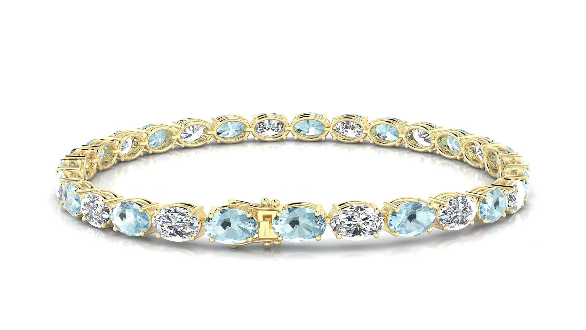 Pula 1-1 | 18k Yellow Gold 6 x 4 mm Oval Natural Aquamarine & Diamond 18 cm Tennis Bracelet