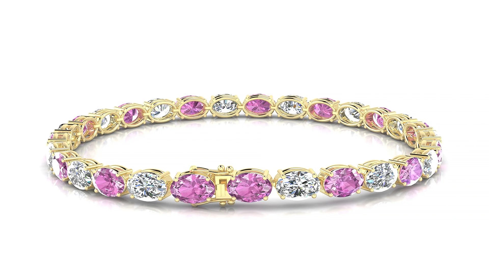 Pula 1-1 | 18k Yellow Gold 6 x 4 mm Oval Natural Pink Sapphire & Diamond 18 cm Tennis Bracelet