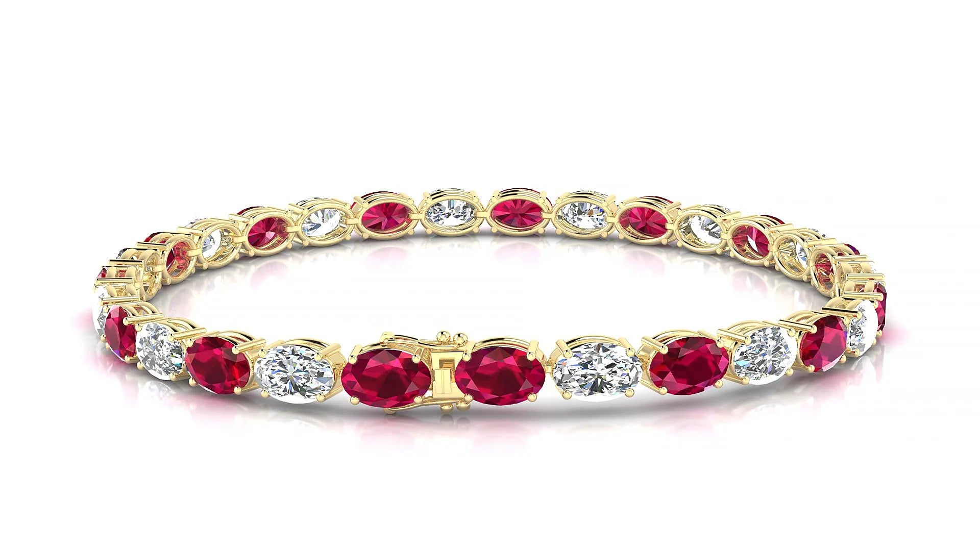 Pula 1-1 | 18k Yellow Gold 6 x 4 mm Oval Natural Ruby & Diamond 18 cm Tennis Bracelet
