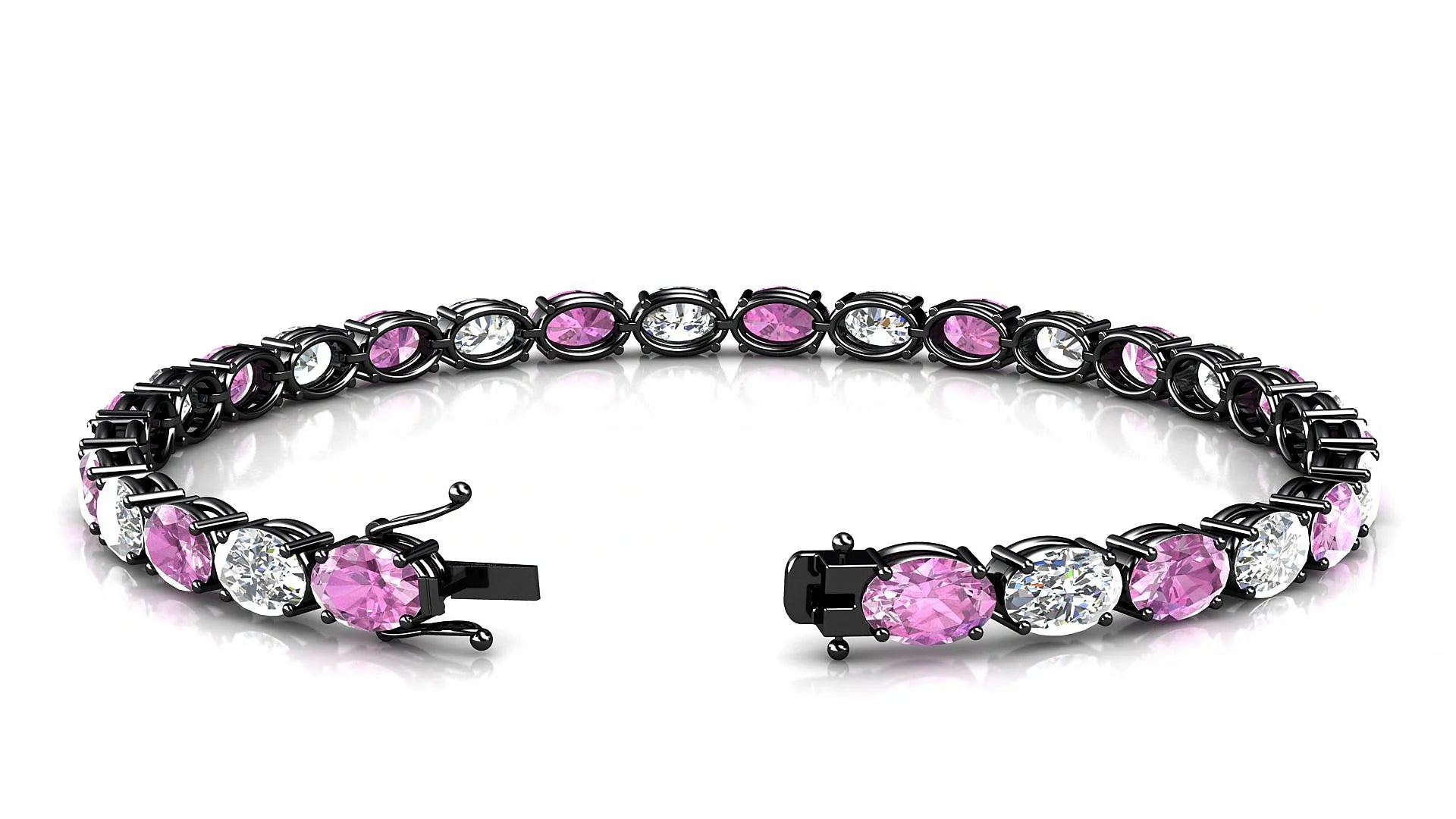 Pula 1-1 | 18k Black Gold 6 x 4 mm Oval Natural Pink Sapphire & Diamond 18 cm Tennis Bracelet