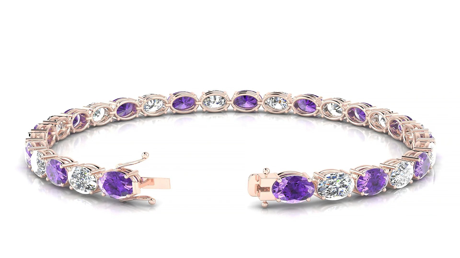 Pula 1-1 | 18k Rose Gold 6 x 4 mm Oval Natural Amethyst & Diamond 18 cm Tennis Bracelet