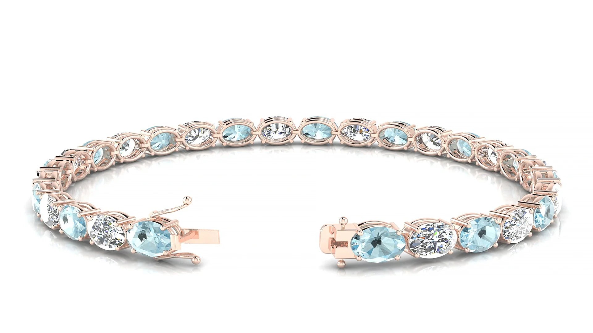 Pula 1-1 | 18k Rose Gold 6 x 4 mm Oval Natural Aquamarine & Diamond 18 cm Tennis Bracelet