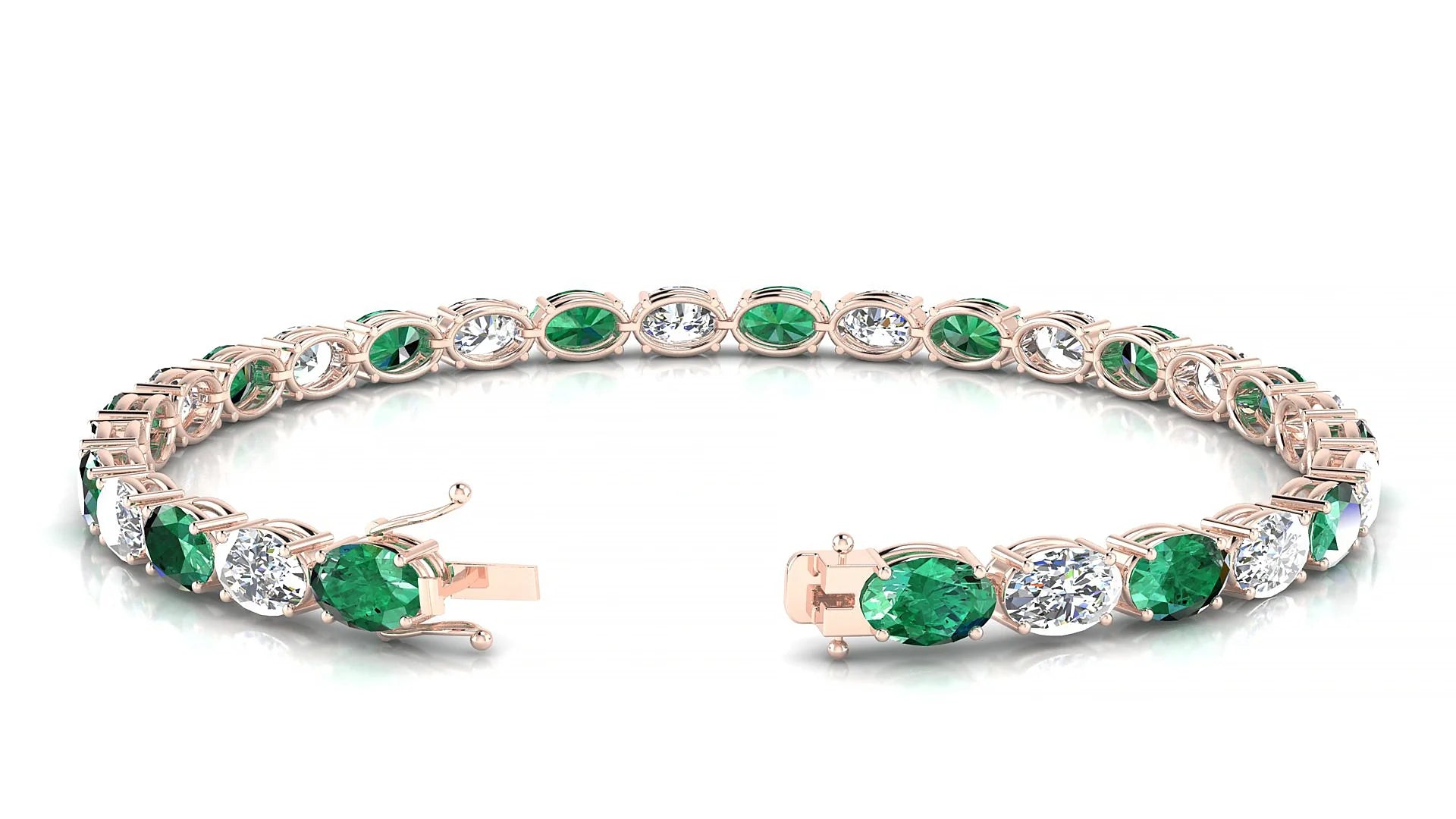 Pula 1-1 | 18k Rose Gold 6 x 4 mm Oval Natural Emerald & Diamond 18 cm Tennis Bracelet