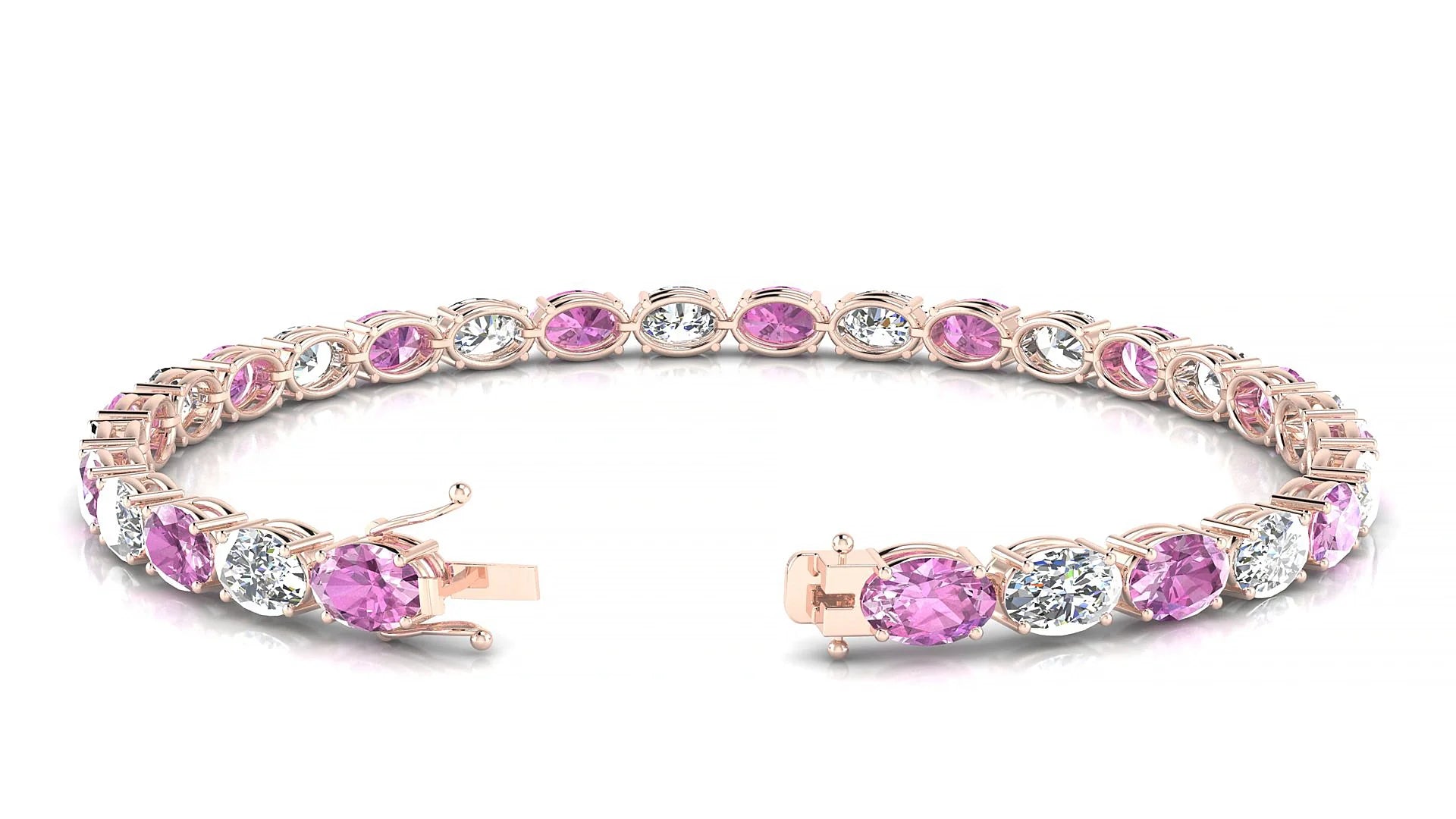 Pula 1-1 | 18k Rose Gold 6 x 4 mm Oval Natural Pink Sapphire & Diamond 18 cm Tennis Bracelet