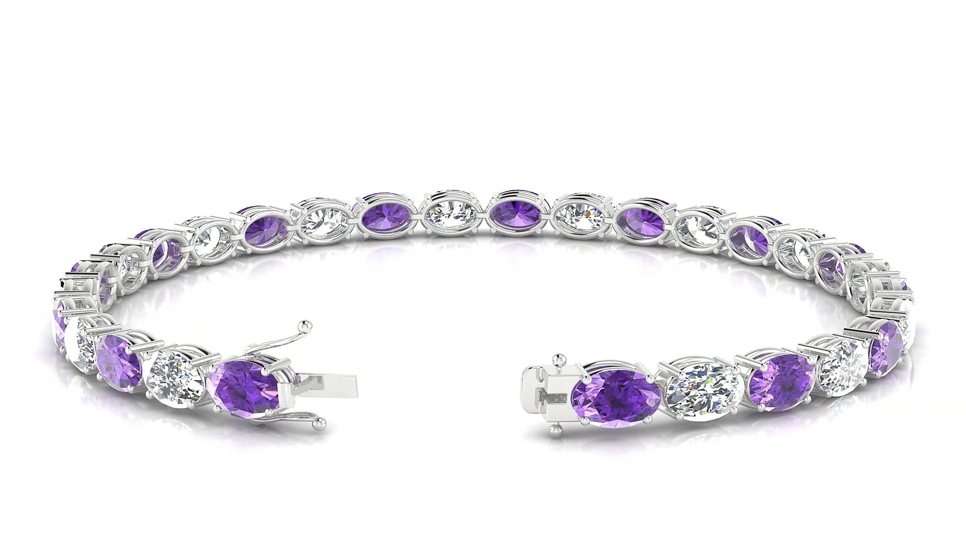 Pula 1-1 | 18k White Gold 6 x 4 mm Oval Natural Amethyst & Diamond 18 cm Tennis Bracelet