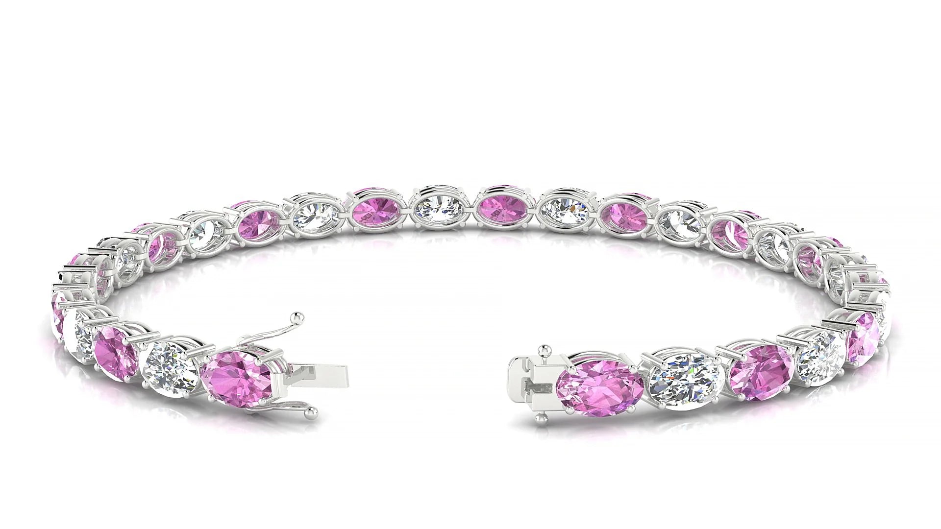 Pula 1-1 | 18k White Gold 6 x 4 mm Oval Natural Pink Sapphire & Diamond 18 cm Tennis Bracelet