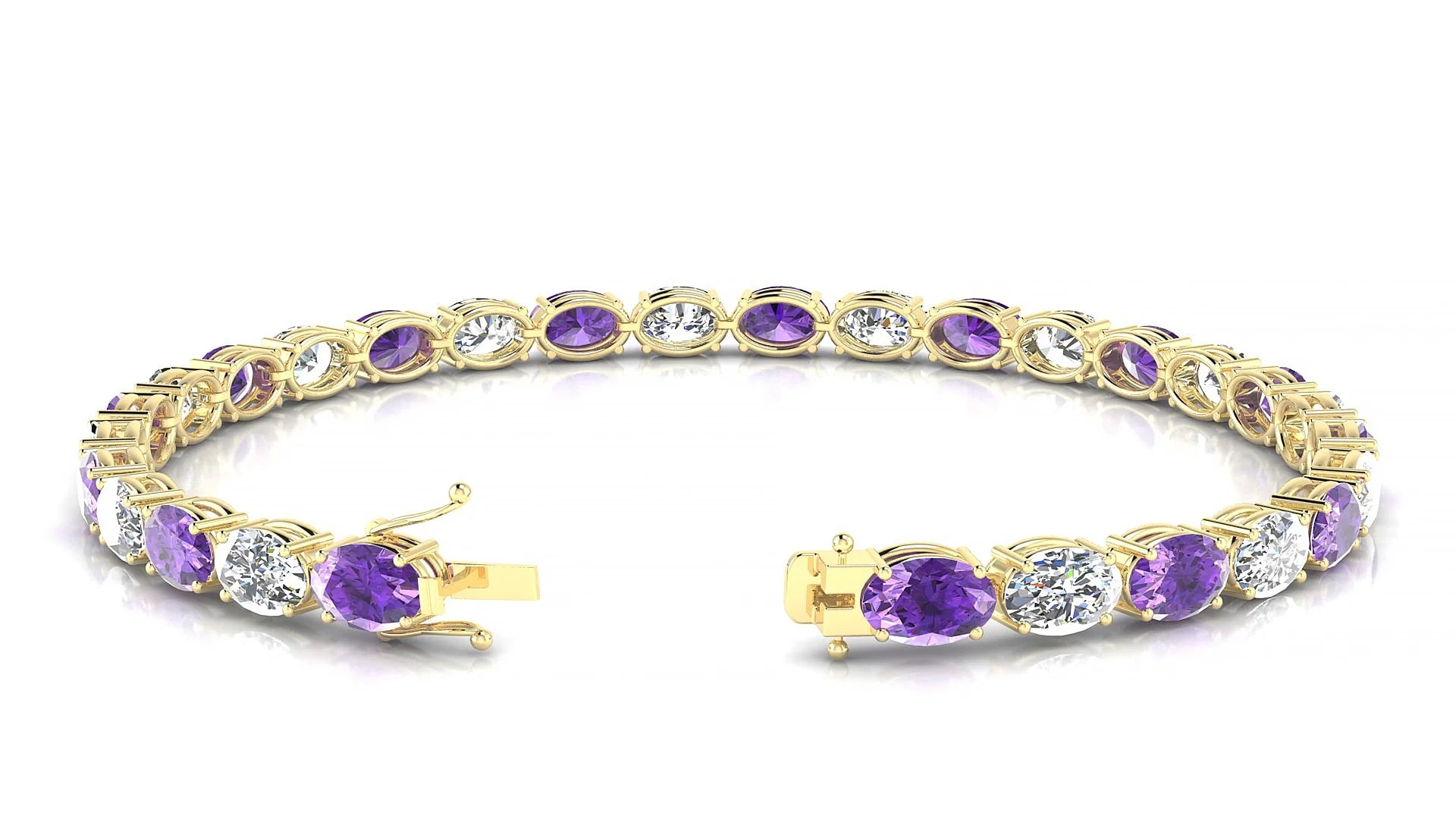 Pula 1-1 | 18k Yellow Gold 6 x 4 mm Oval Natural Amethyst & Diamond 18 cm Tennis Bracelet
