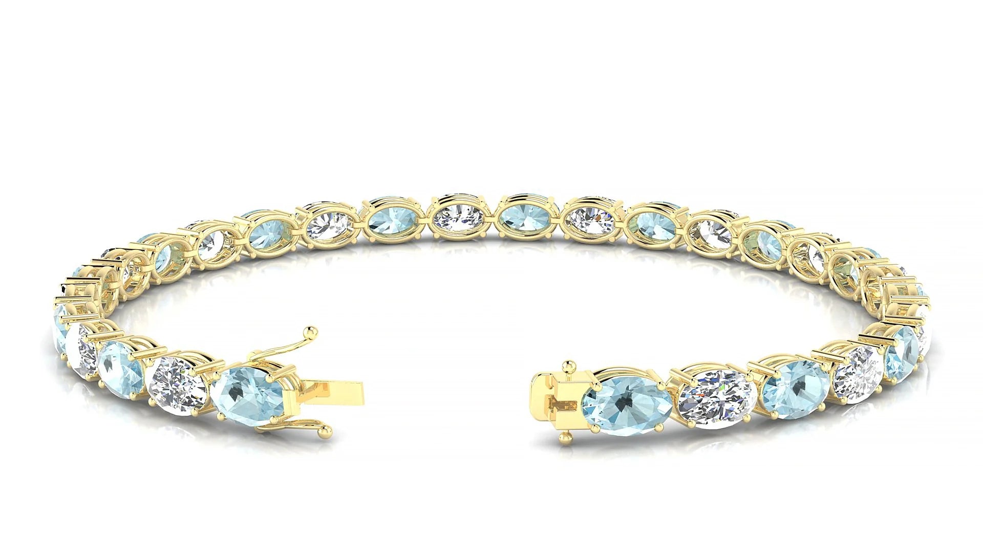 Pula 1-1 | 18k Yellow Gold 6 x 4 mm Oval Natural Aquamarine & Diamond 18 cm Tennis Bracelet