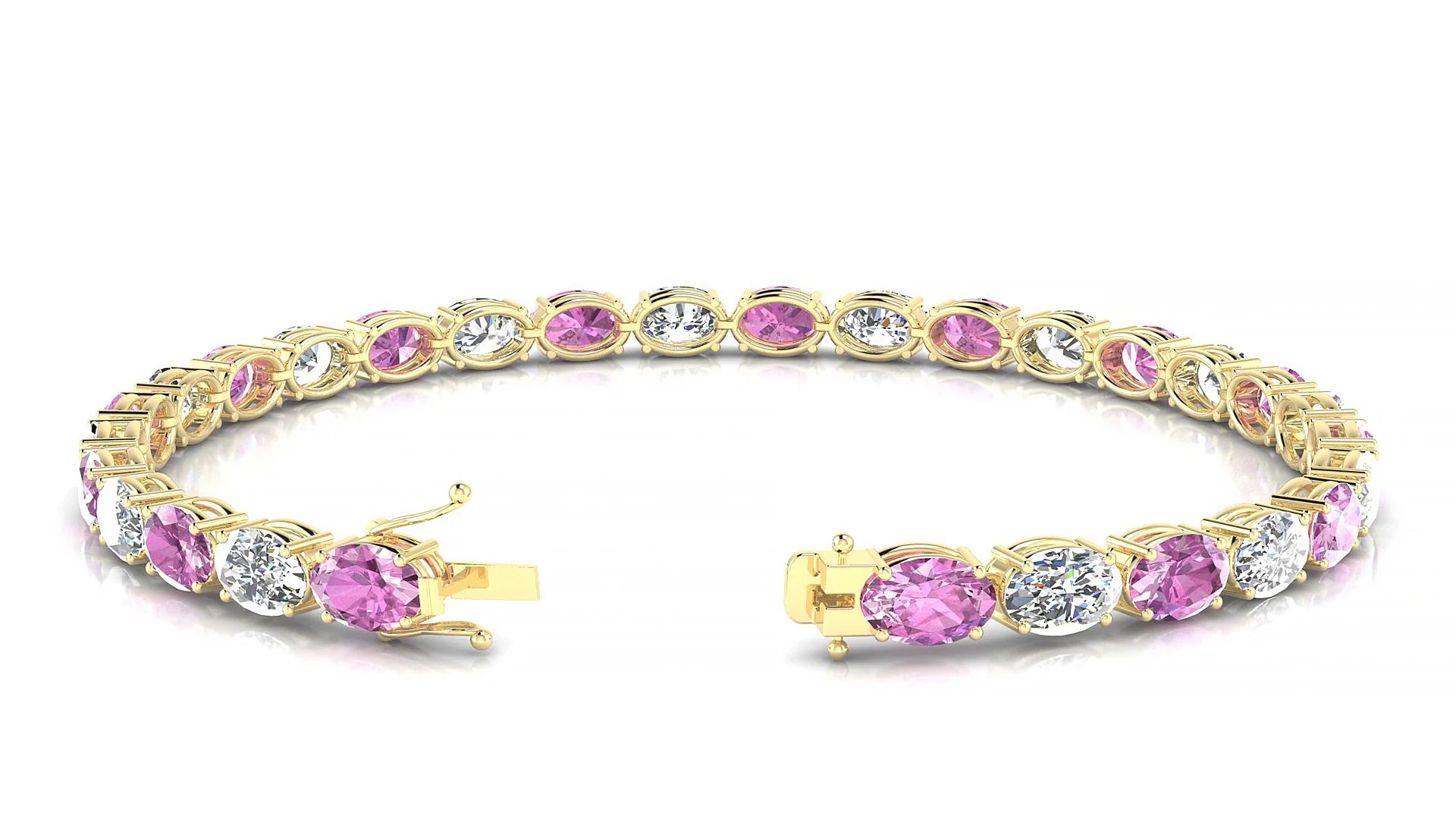 Pula 1-1 | 18k Yellow Gold 6 x 4 mm Oval Natural Pink Sapphire & Diamond 18 cm Tennis Bracelet