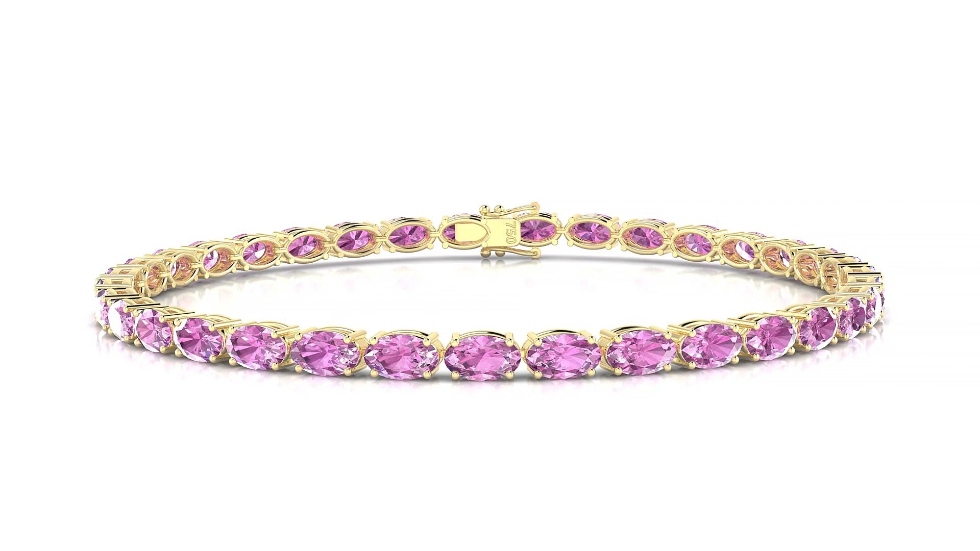 Pula | 18k Yellow Gold 5 x 3 mm Oval Natural Pink Sapphire 18 cm Tennis Bracelet