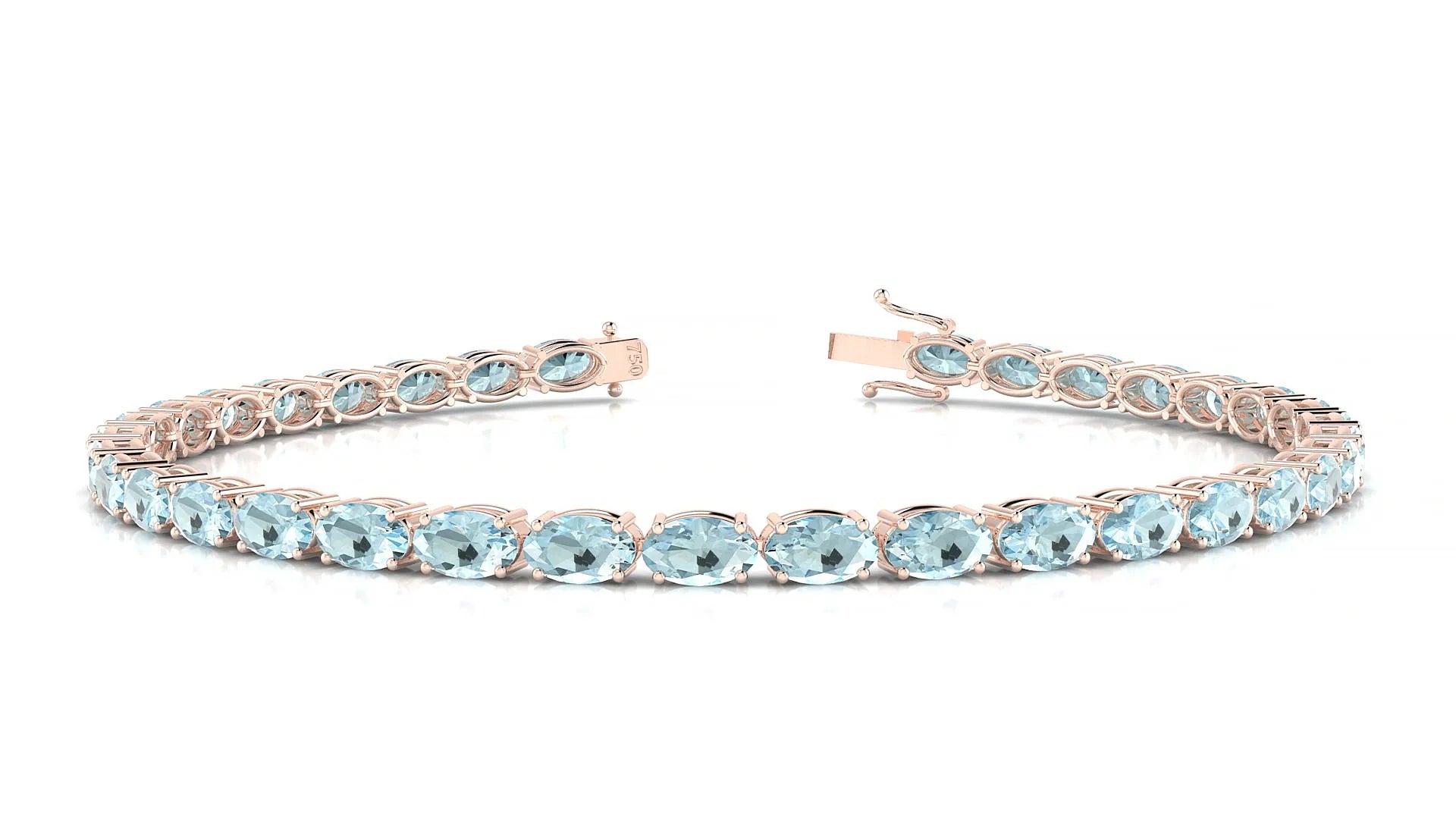 Pula | 18k Rose Gold 5 x 3 mm Oval Natural Aquamarine 18 cm Tennis Bracelet