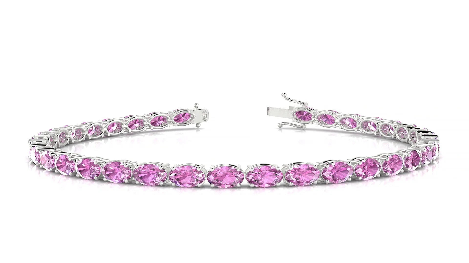 Pula | 18k White Gold 5 x 3 mm Oval Natural Pink Sapphire 18 cm Tennis Bracelet