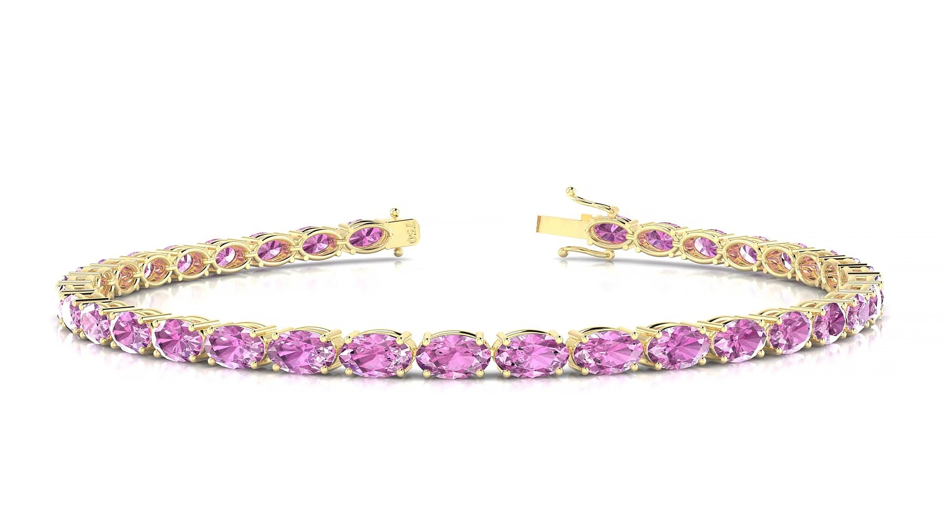 Pula | 18k Yellow Gold 5 x 3 mm Oval Natural Pink Sapphire 18 cm Tennis Bracelet