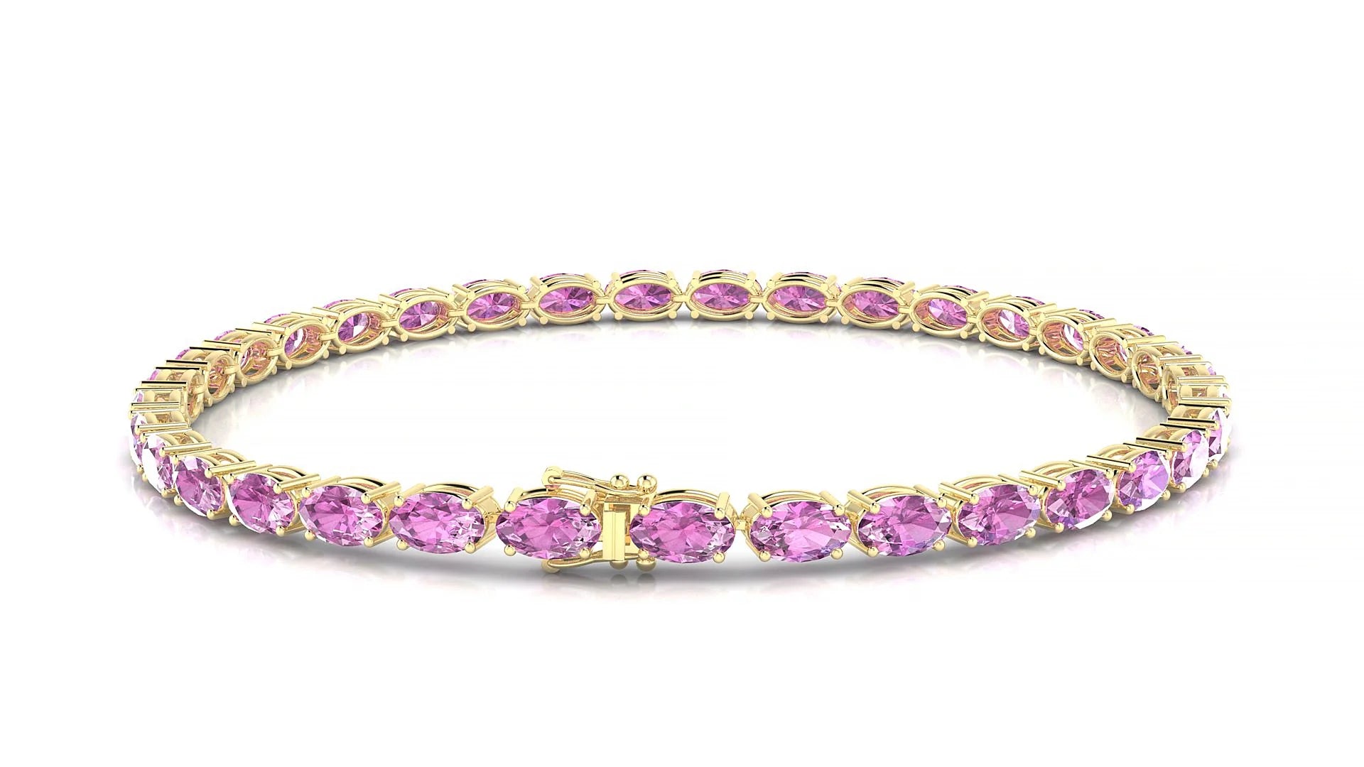 Pula | 18k Yellow Gold 5 x 3 mm Oval Natural Pink Sapphire 18 cm Tennis Bracelet