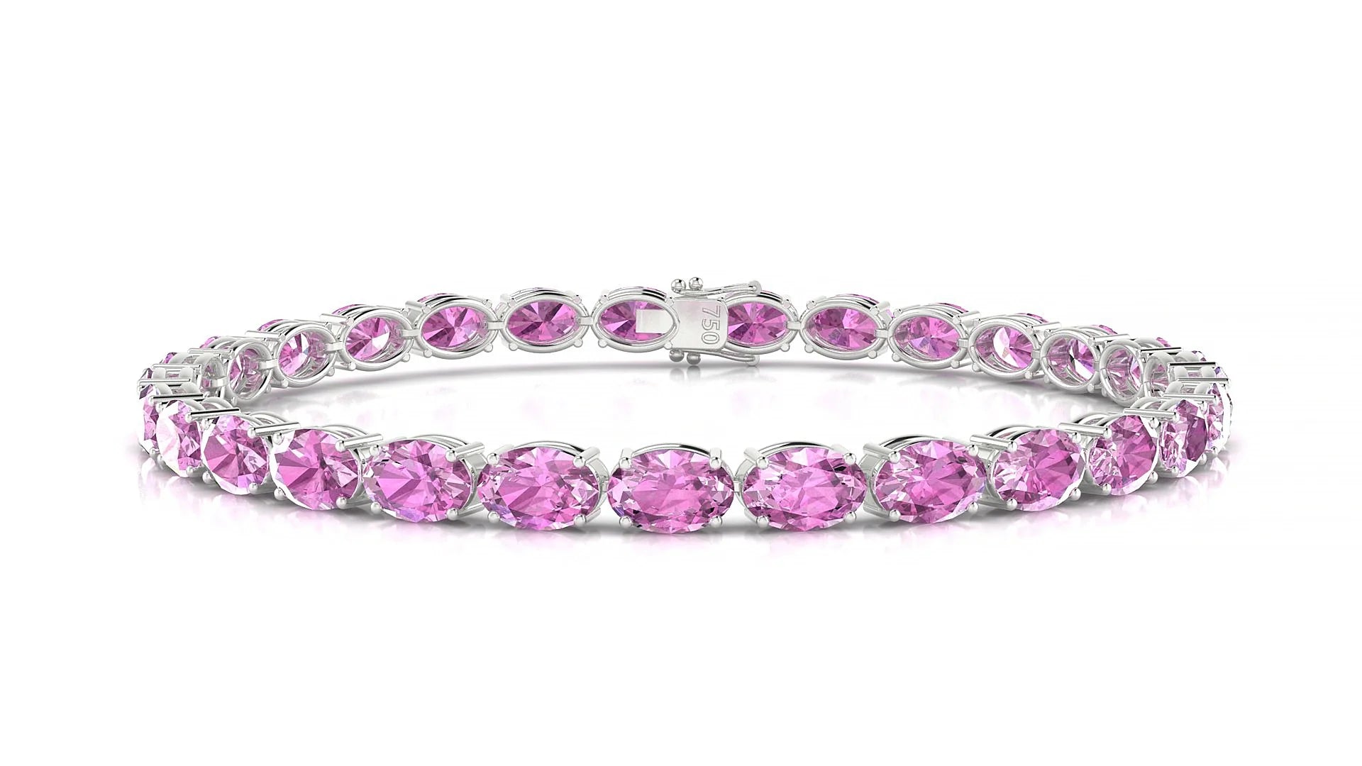 Pula | 18k White Gold 6 x 4 mm Oval Natural Pink Sapphire 18 cm Tennis Bracelet