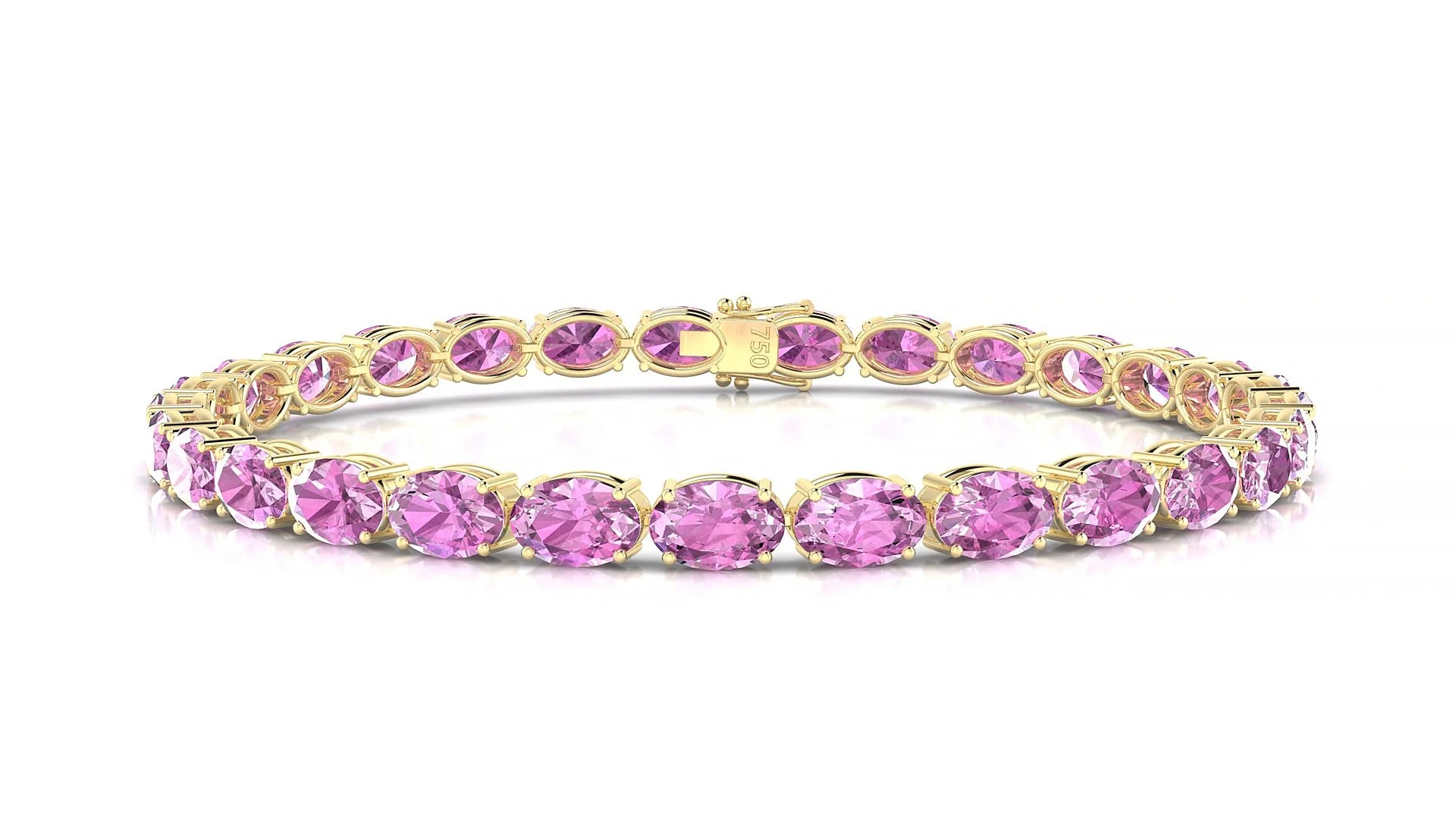 Pula | 18k Yellow Gold 6 x 4 mm Oval Natural Pink Sapphire 18 cm Tennis Bracelet
