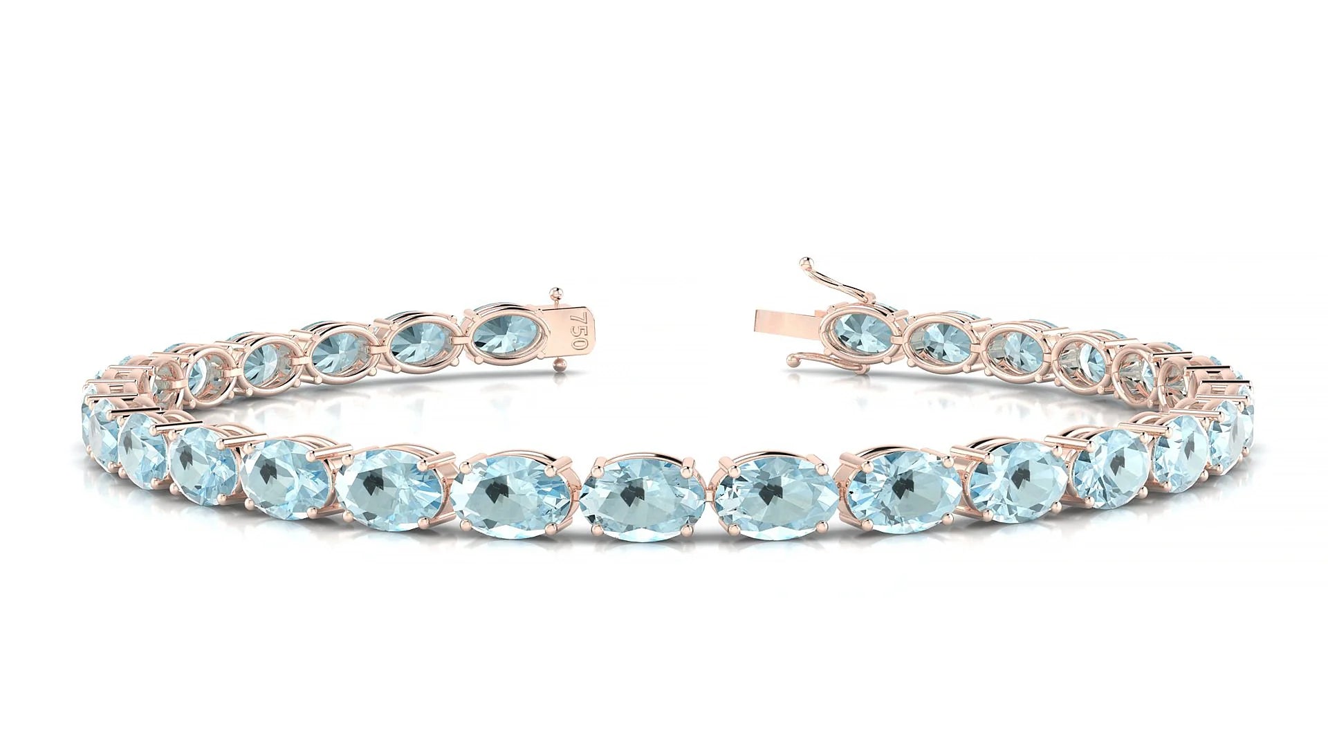Pula | 18k Rose Gold 6 x 4 mm Oval Natural Aquamarine 18 cm Tennis Bracelet