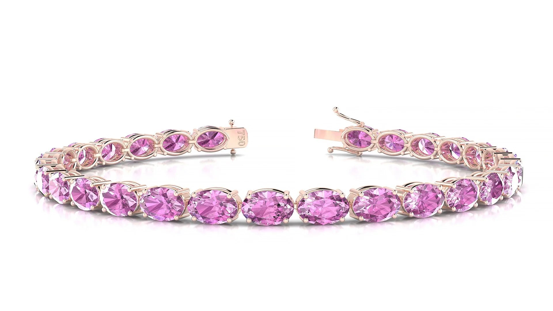 Pula | 18k Rose Gold 6 x 4 mm Oval Natural Pink Sapphire 18 cm Tennis Bracelet