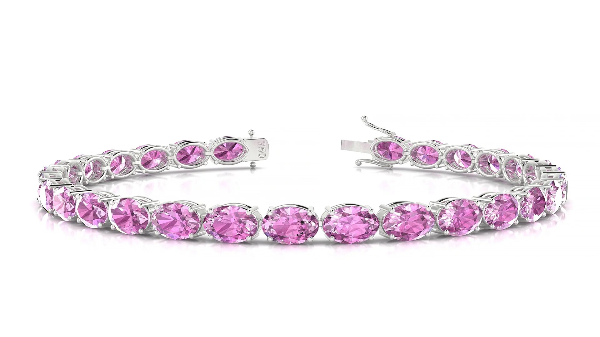 Pula | 18k White Gold 6 x 4 mm Oval Natural Pink Sapphire 18 cm Tennis Bracelet